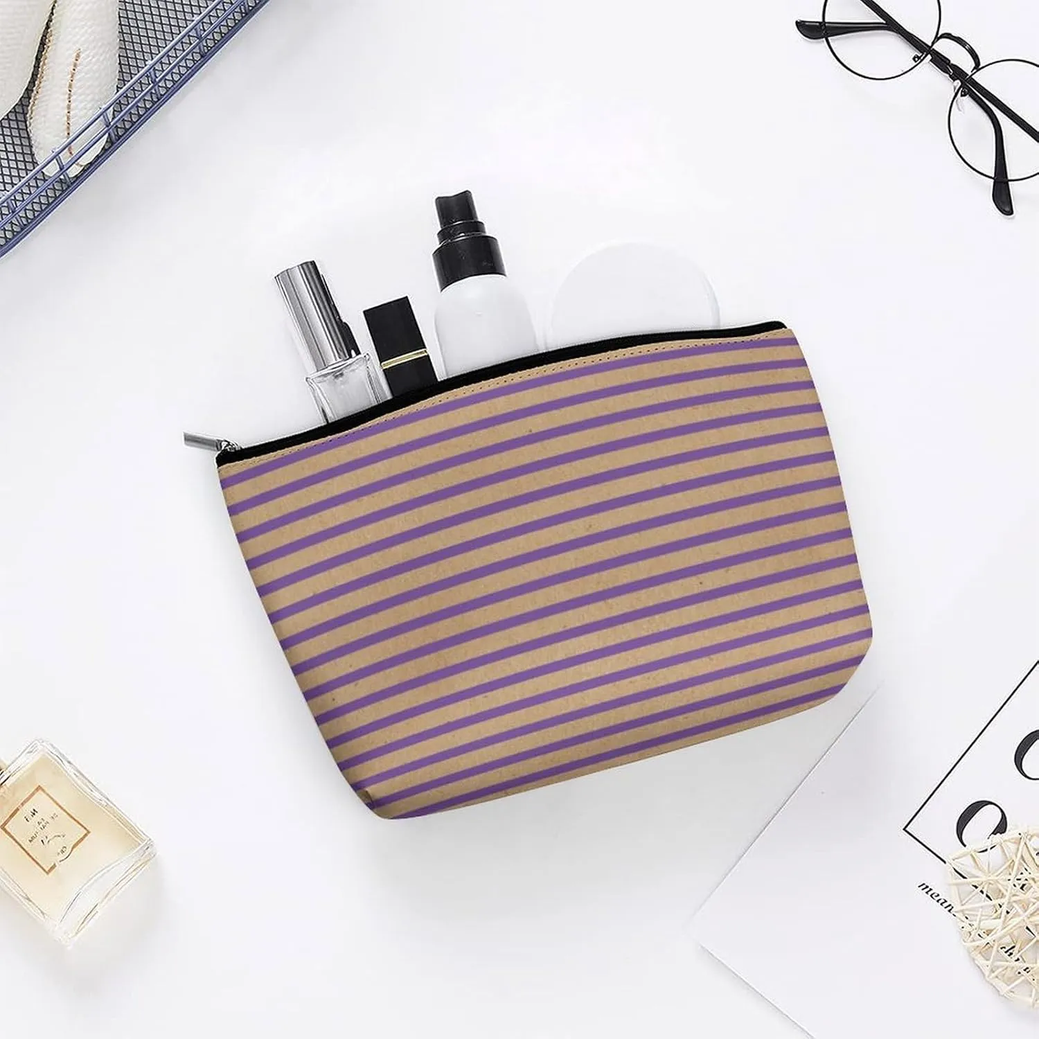 Small Cosmetic Bag, Purple Lavender Violet Lines Faux Rustic Makeup Bags Elegant Roomy Pouch for Women,Travel Toiletry Accessories Organizer