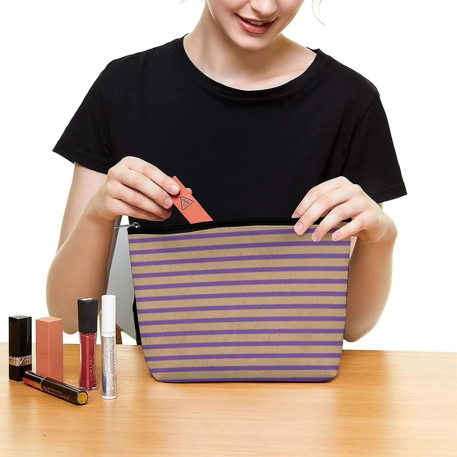 Small Cosmetic Bag, Purple Lavender Violet Lines Faux Rustic Makeup Bags Elegant Roomy Pouch for Women,Travel Toiletry Accessories Organizer