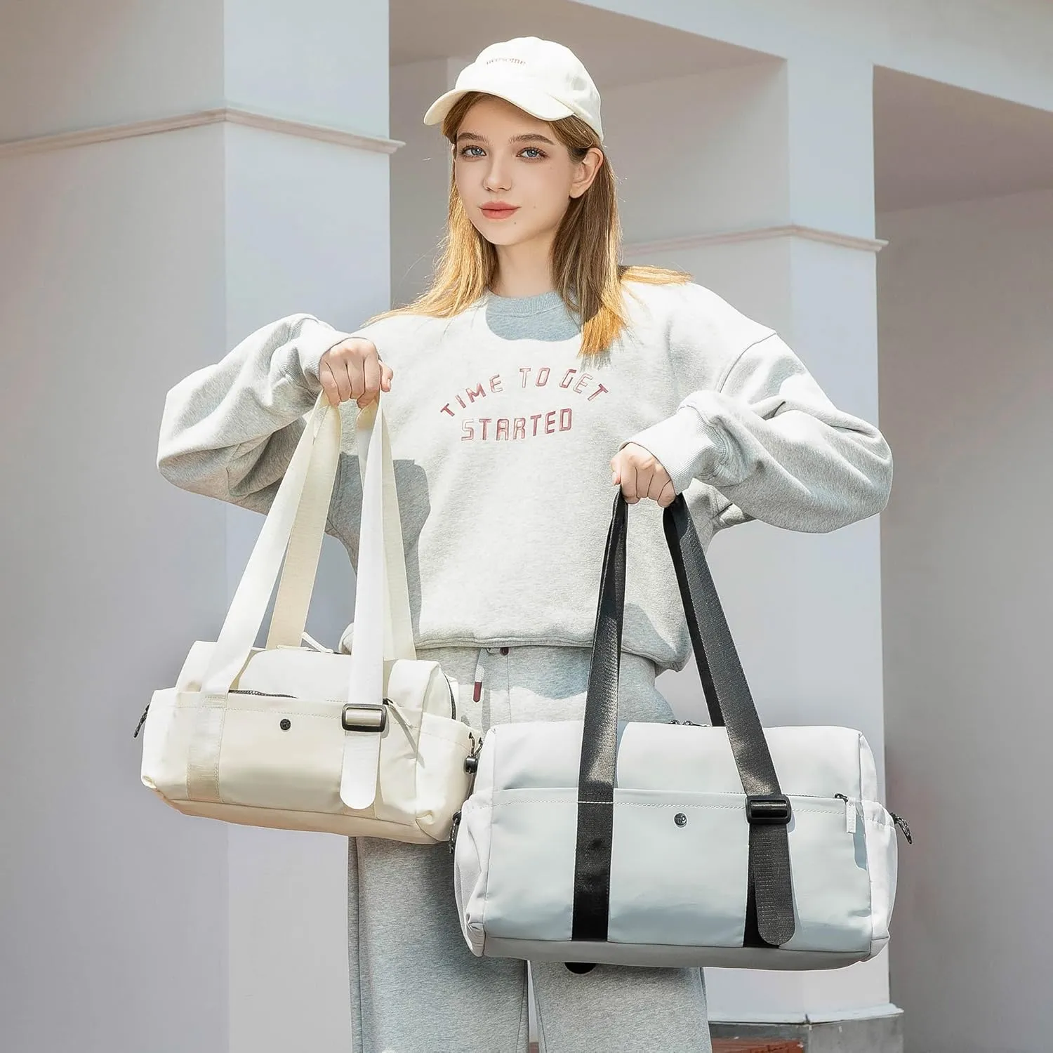 Small Gym Bag For Women Mini Gym Duffle Bag with Wet Compartment Waterproof Sports（White Medium）