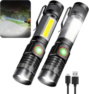 Small Powerful Flashlights with COB Work Light, Magnetic Base, Super Bright High Lumens Rechargeable Flashlight, LED Waterproof Zoomable Flash Light for Camping Emergency