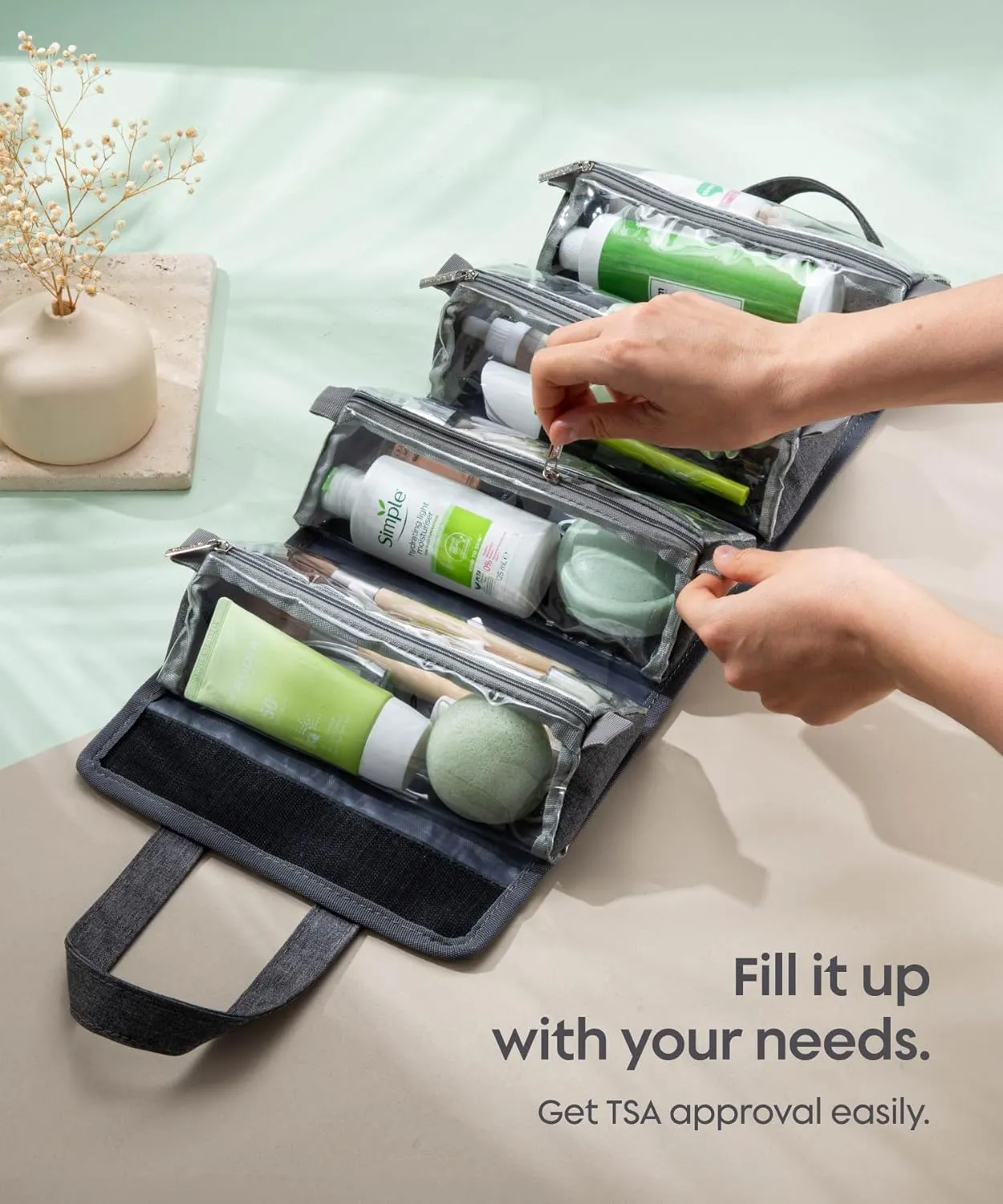 Small Roll Up Toiletry Bag for Traveling Women - Travel Makeup Bag with 4 Removable Compartments - Hanging Toiletry Bag - Cosmetic Travel Bag - Medicine Bag - TSA Approved Toiletry Bag