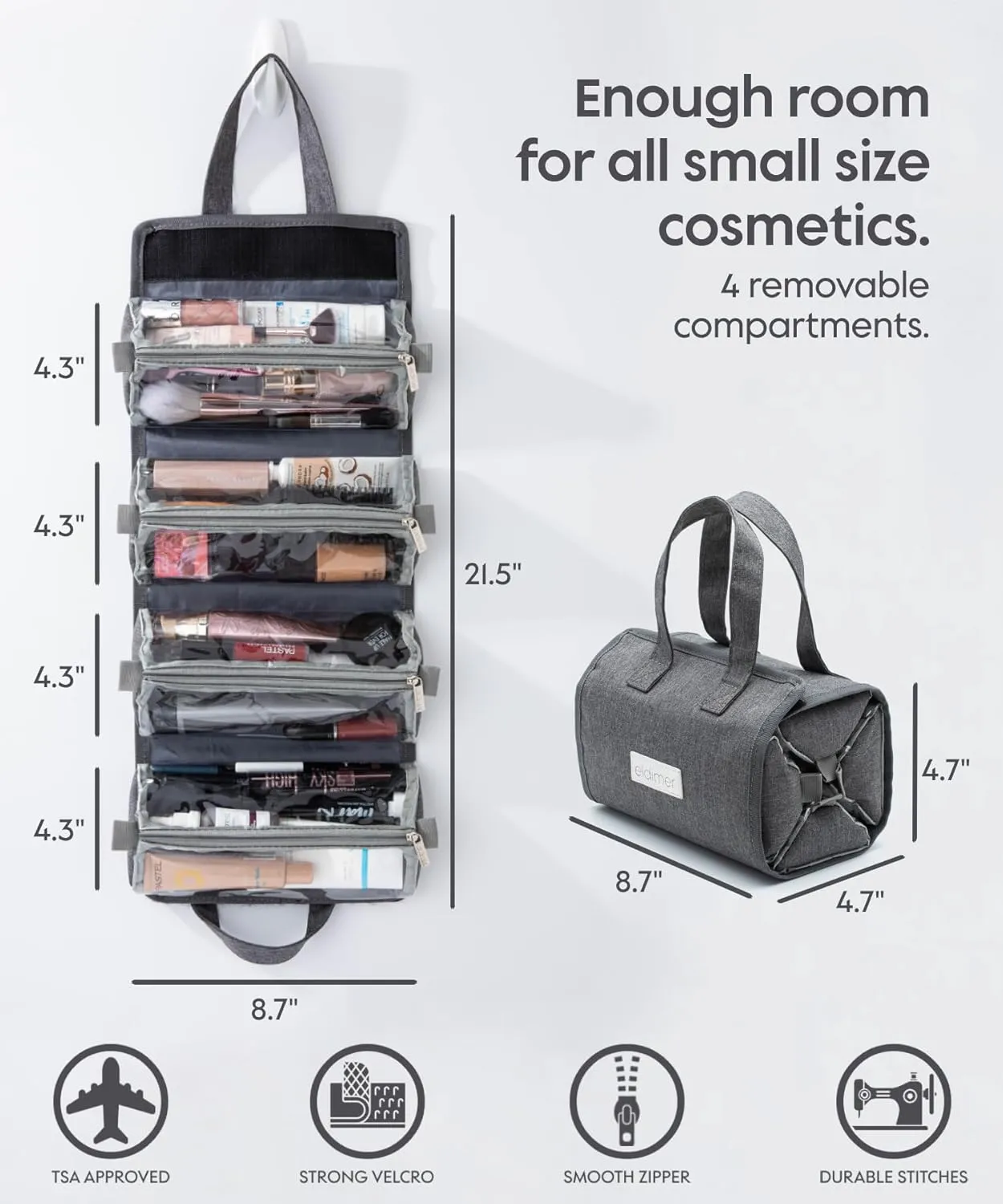 Small Roll Up Toiletry Bag for Traveling Women - Travel Makeup Bag with 4 Removable Compartments - Hanging Toiletry Bag - Cosmetic Travel Bag - Medicine Bag - TSA Approved Toiletry Bag