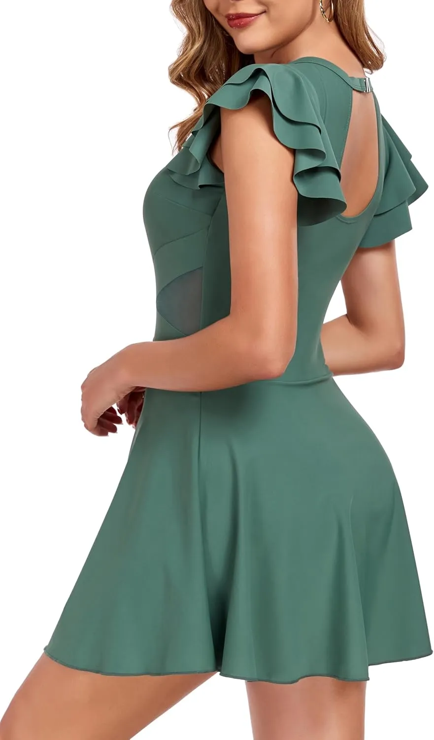 Smismivo One Piece Swim Dress Modest Swimsuits for Women Tummy Control Bathing Suit Skirt with Sleeves Swimdress Swimwear