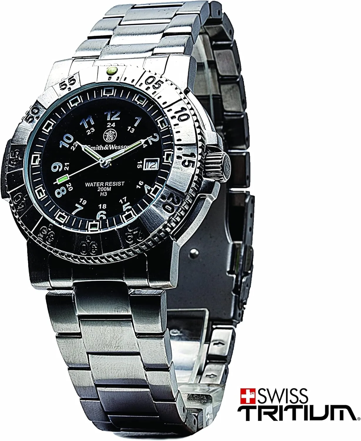 Smith & Wesson Men's Commander Watch, Tritium H3, 20ATM, Tactical Tough Military Watch, Titanium case, Bezel and Strap, 45mm, Stainless Steel & Rubber Strap