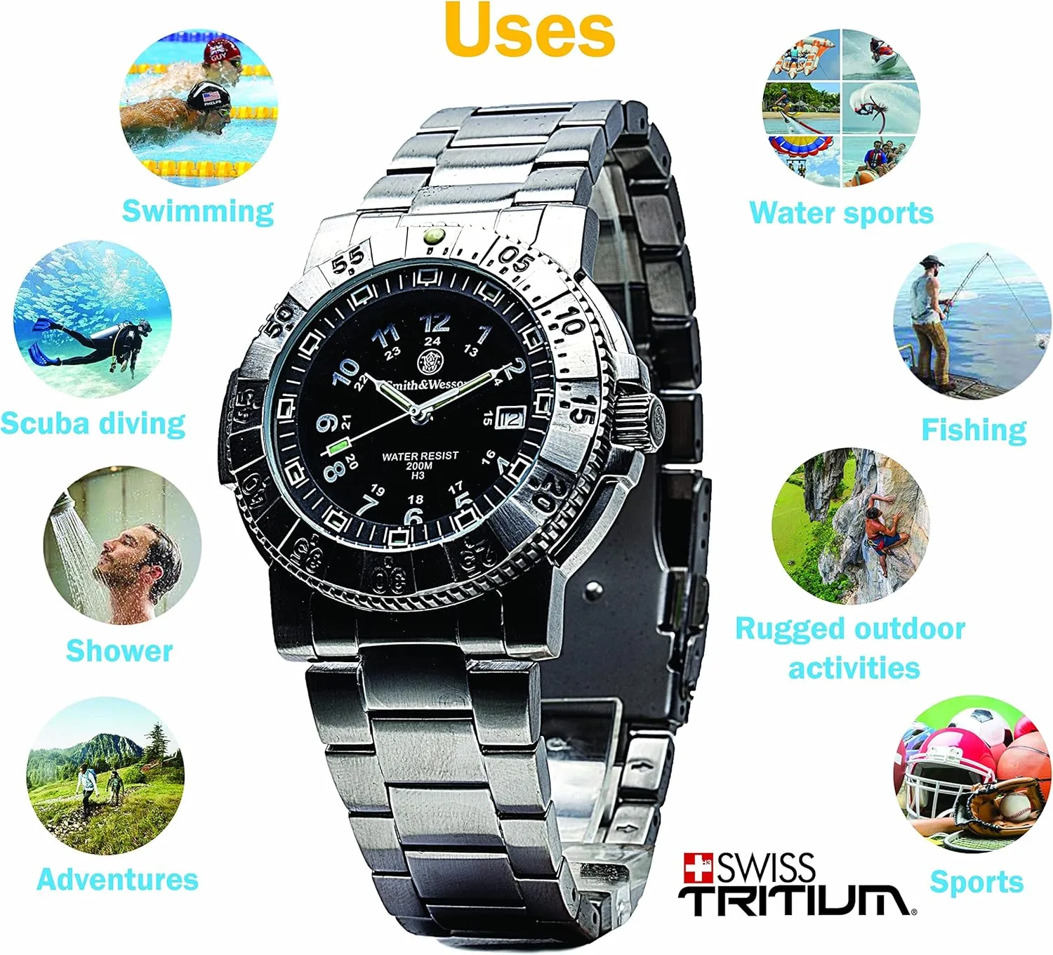 Smith & Wesson Men's Commander Watch, Tritium H3, 20ATM, Tactical Tough Military Watch, Titanium case, Bezel and Strap, 45mm, Stainless Steel & Rubber Strap