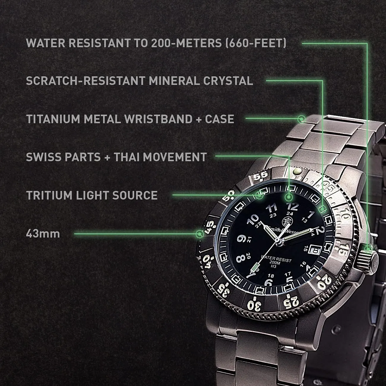 Smith & Wesson Men's Commander Watch, Tritium H3, 20ATM, Tactical Tough Military Watch, Titanium case, Bezel and Strap, 45mm, Stainless Steel & Rubber Strap