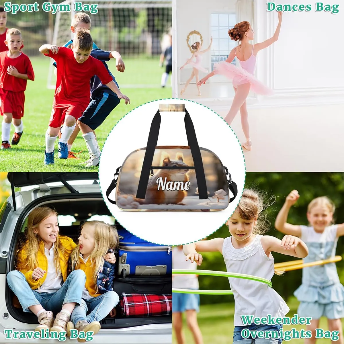 Squirrel Snow Pattern Custom Name Sport Duffel Bag Dance Bag for Girls Teens Personalized Ballet Bag Gift for Birthday Christmas Helloween