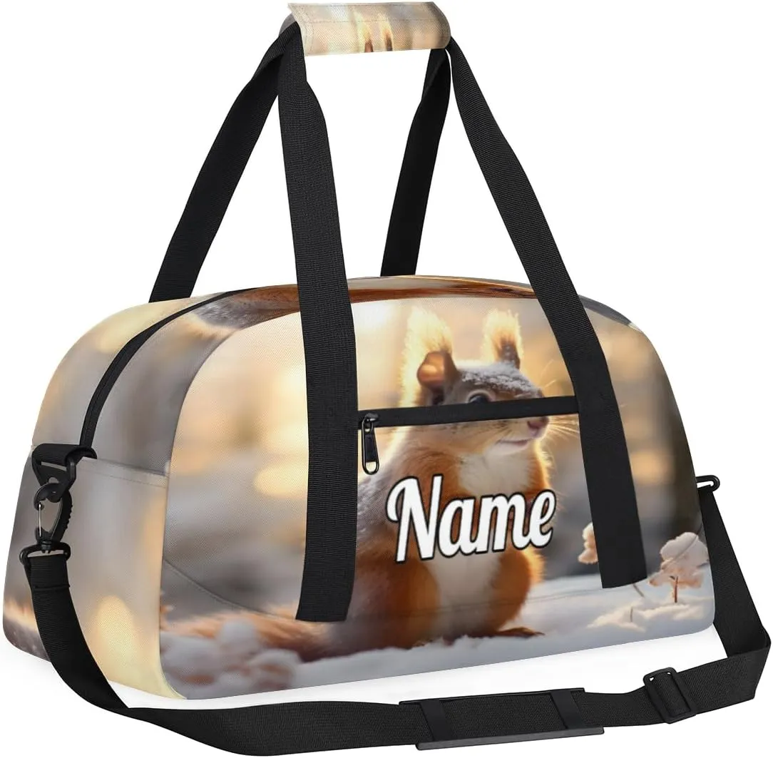 Squirrel Snow Pattern Custom Name Sport Duffel Bag Dance Bag for Girls Teens Personalized Ballet Bag Gift for Birthday Christmas Helloween