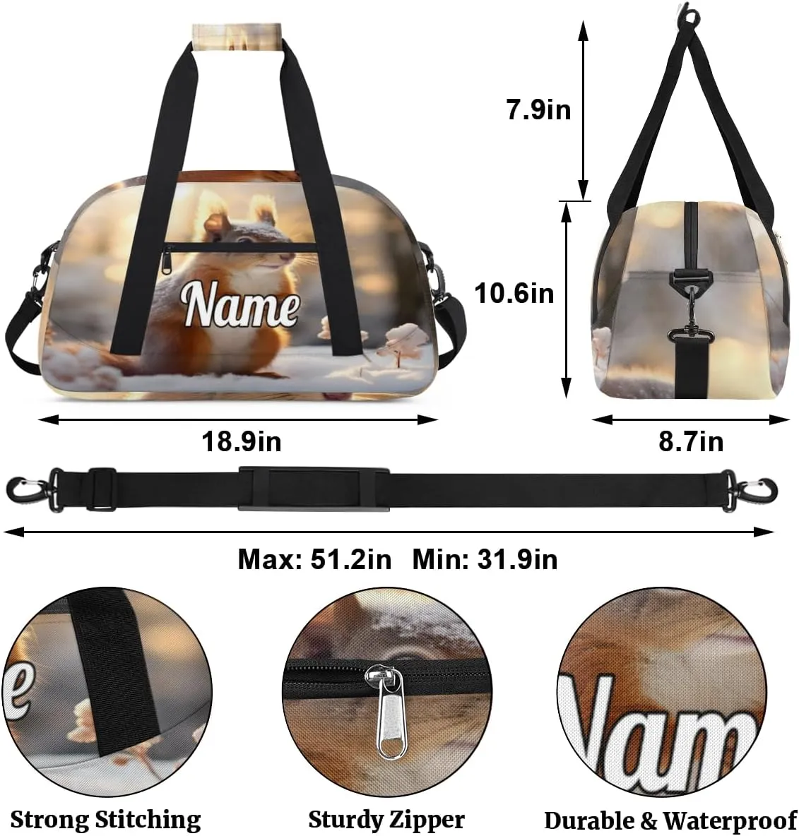 Squirrel Snow Pattern Custom Name Sport Duffel Bag Dance Bag for Girls Teens Personalized Ballet Bag Gift for Birthday Christmas Helloween