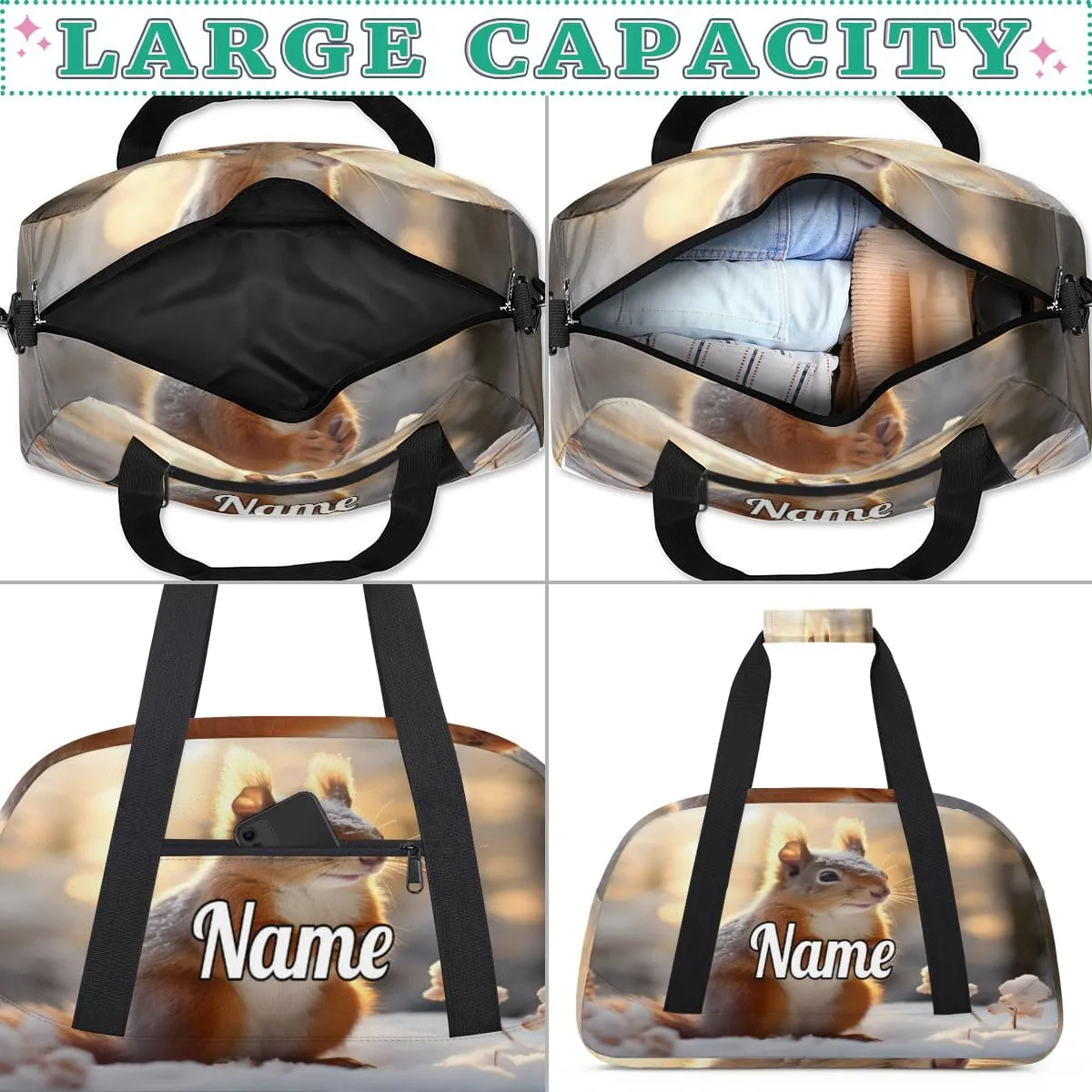 Squirrel Snow Pattern Custom Name Sport Duffel Bag Dance Bag for Girls Teens Personalized Ballet Bag Gift for Birthday Christmas Helloween