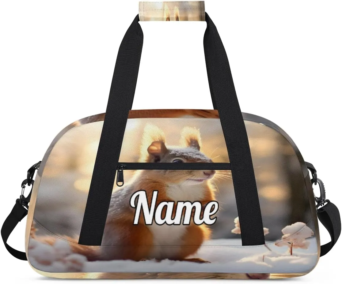 Squirrel Snow Pattern Custom Name Sport Duffel Bag Dance Bag for Girls Teens Personalized Ballet Bag Gift for Birthday Christmas Helloween