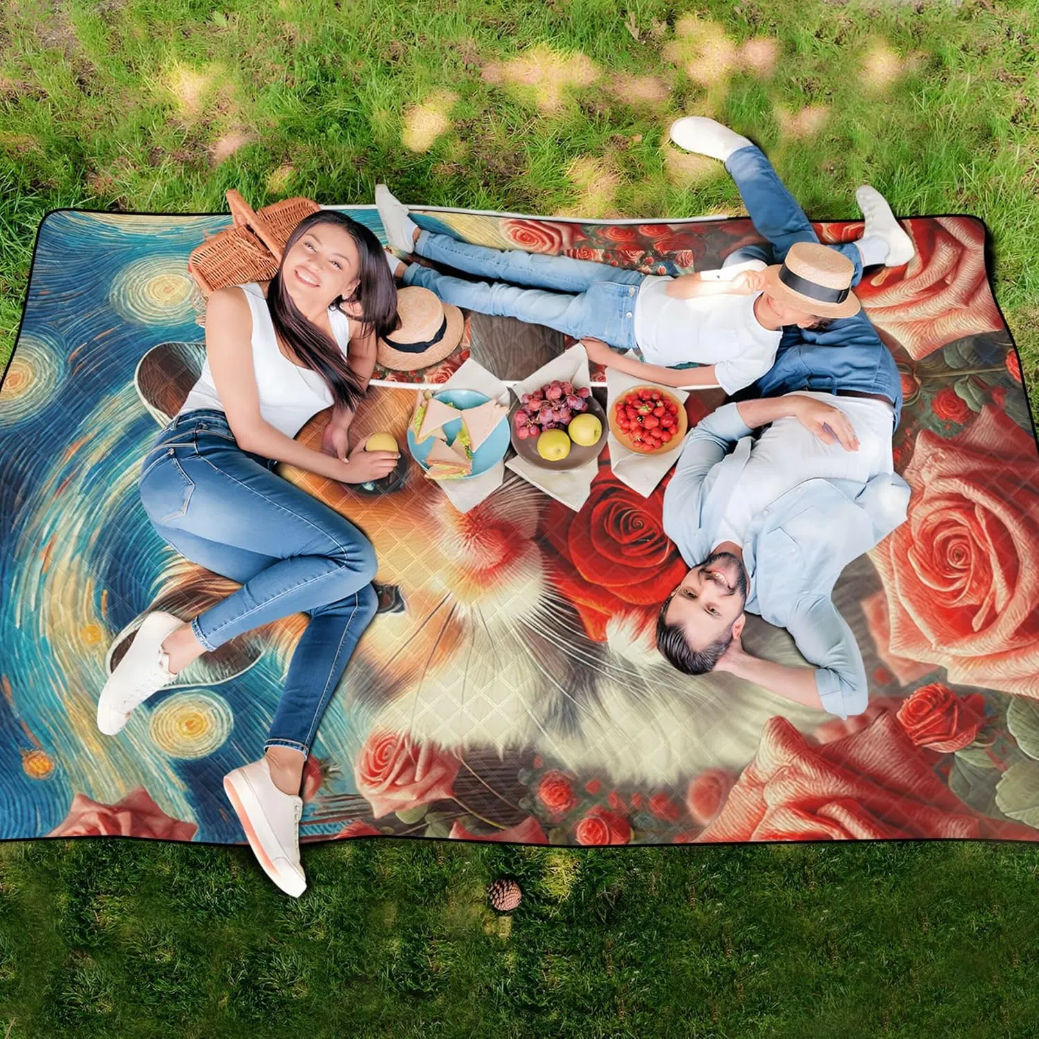 Starry Night Hamster Rose Flowers Foldable Picnic Blankets Large Sand Proof Beach Blanket Waterproof Outdoor Blanket for Grass 80" x 60"