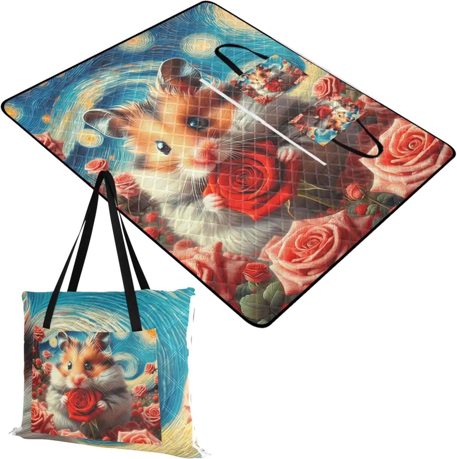 Starry Night Hamster Rose Flowers Foldable Picnic Blankets Large Sand Proof Beach Blanket Waterproof Outdoor Blanket for Grass 80" x 60"