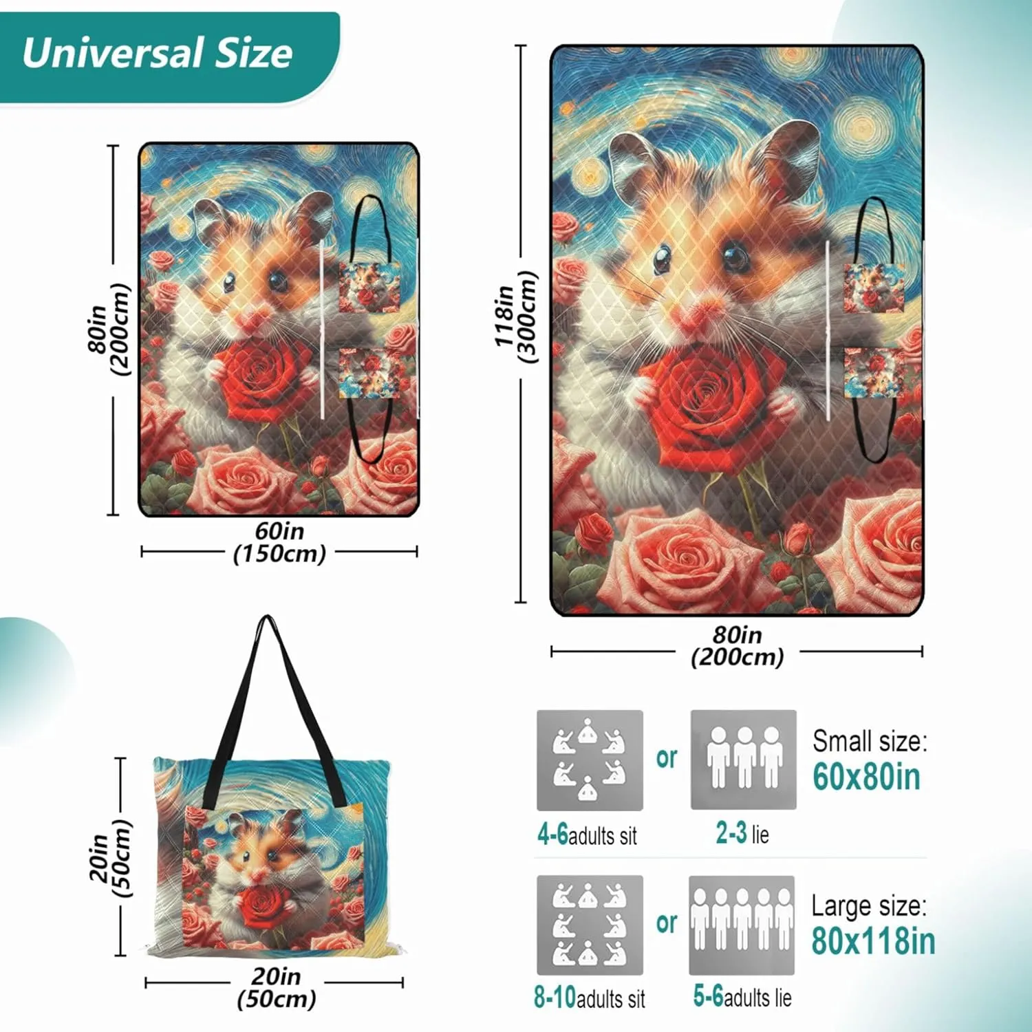 Starry Night Hamster Rose Flowers Foldable Picnic Blankets Large Sand Proof Beach Blanket Waterproof Outdoor Blanket for Grass 80" x 60"