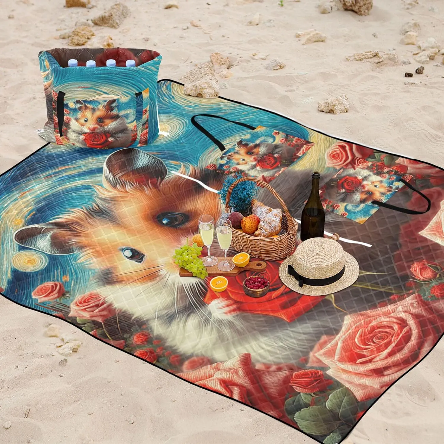 Starry Night Hamster Rose Flowers Foldable Picnic Blankets Large Sand Proof Beach Blanket Waterproof Outdoor Blanket for Grass 80" x 60"