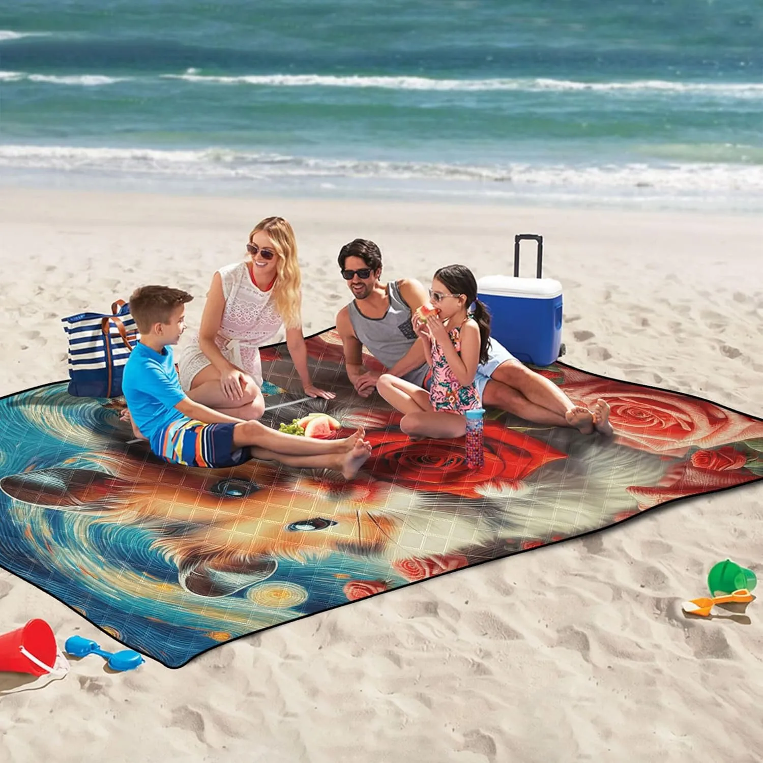 Starry Night Hamster Rose Flowers Foldable Picnic Blankets Large Sand Proof Beach Blanket Waterproof Outdoor Blanket for Grass 80" x 60"