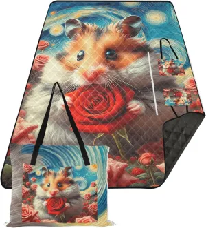 Starry Night Hamster Rose Flowers Foldable Picnic Blankets Large Sand Proof Beach Blanket Waterproof Outdoor Blanket for Grass 80" x 60"