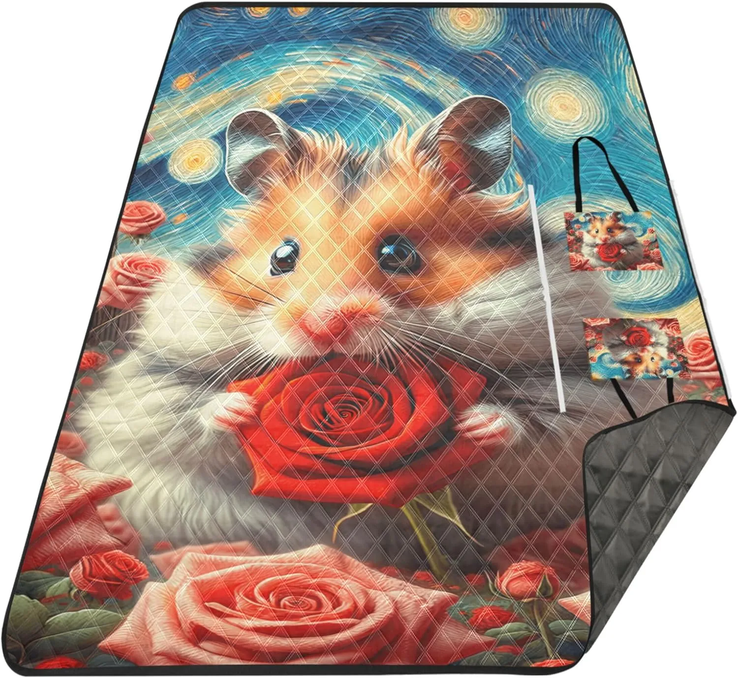 Starry Night Hamster Rose Flowers Foldable Picnic Blankets Large Sand Proof Beach Blanket Waterproof Outdoor Blanket for Grass 80" x 60"