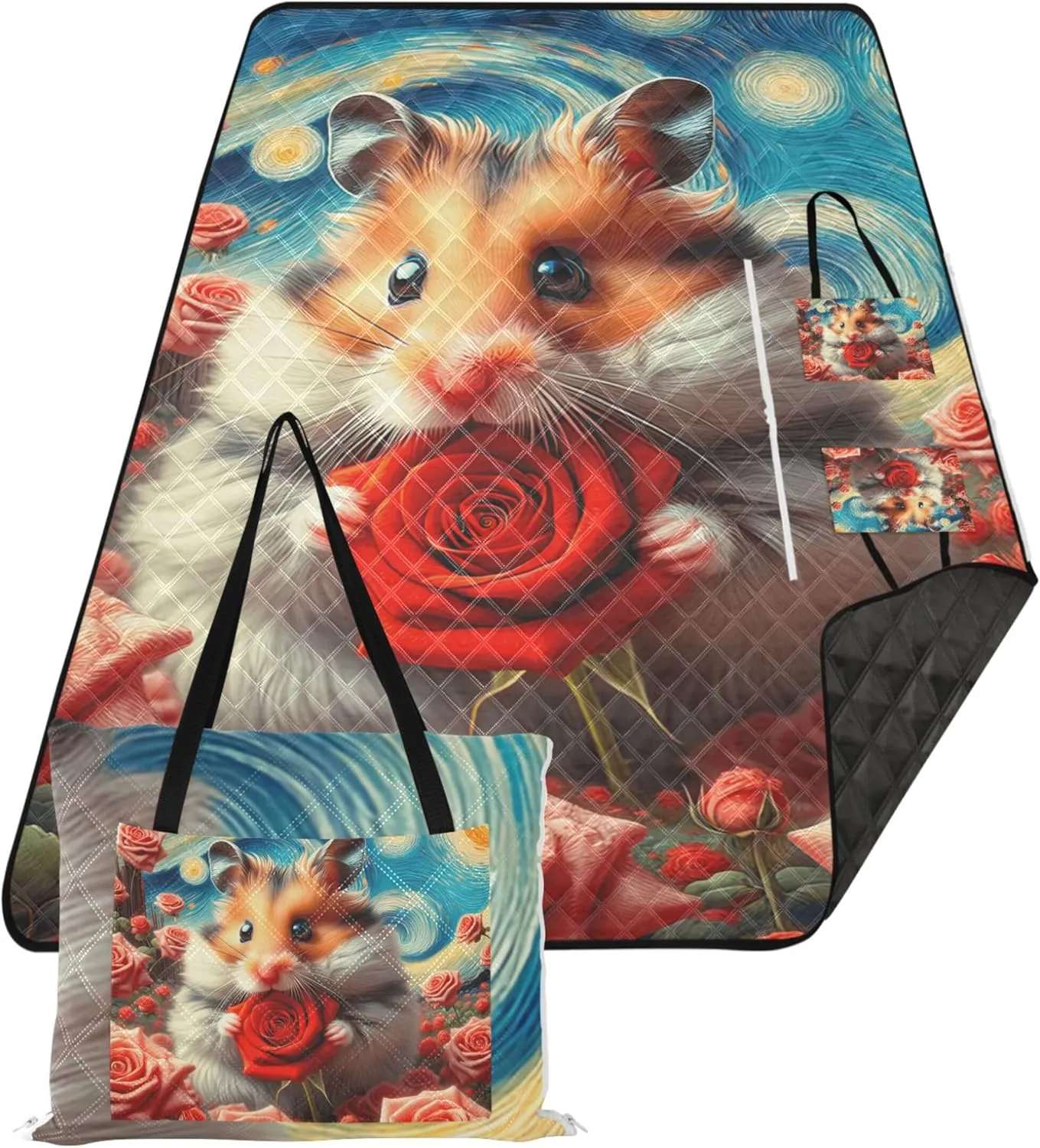 Starry Night Hamster Rose Flowers Foldable Picnic Blankets Large Sand Proof Beach Blanket Waterproof Outdoor Blanket for Grass 80" x 60"
