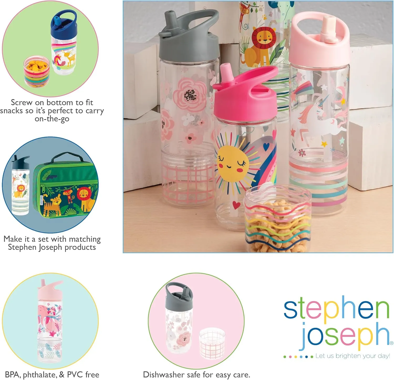 Stephen Joseph, Kids Sip and Snack Water Bottle, 12 oz Tritan BPA Free, Drink Bottle for Girls & Boys, Back to School Charcoal Flower