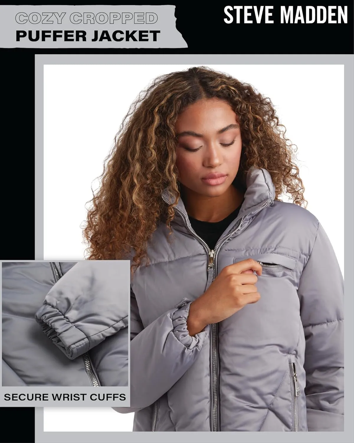 Steve Madden Women's Cropped Puffer Jacket - Quilted Winter Coat with Packable Hood - Cozy Outerwear Jacket for Women (S-XL)