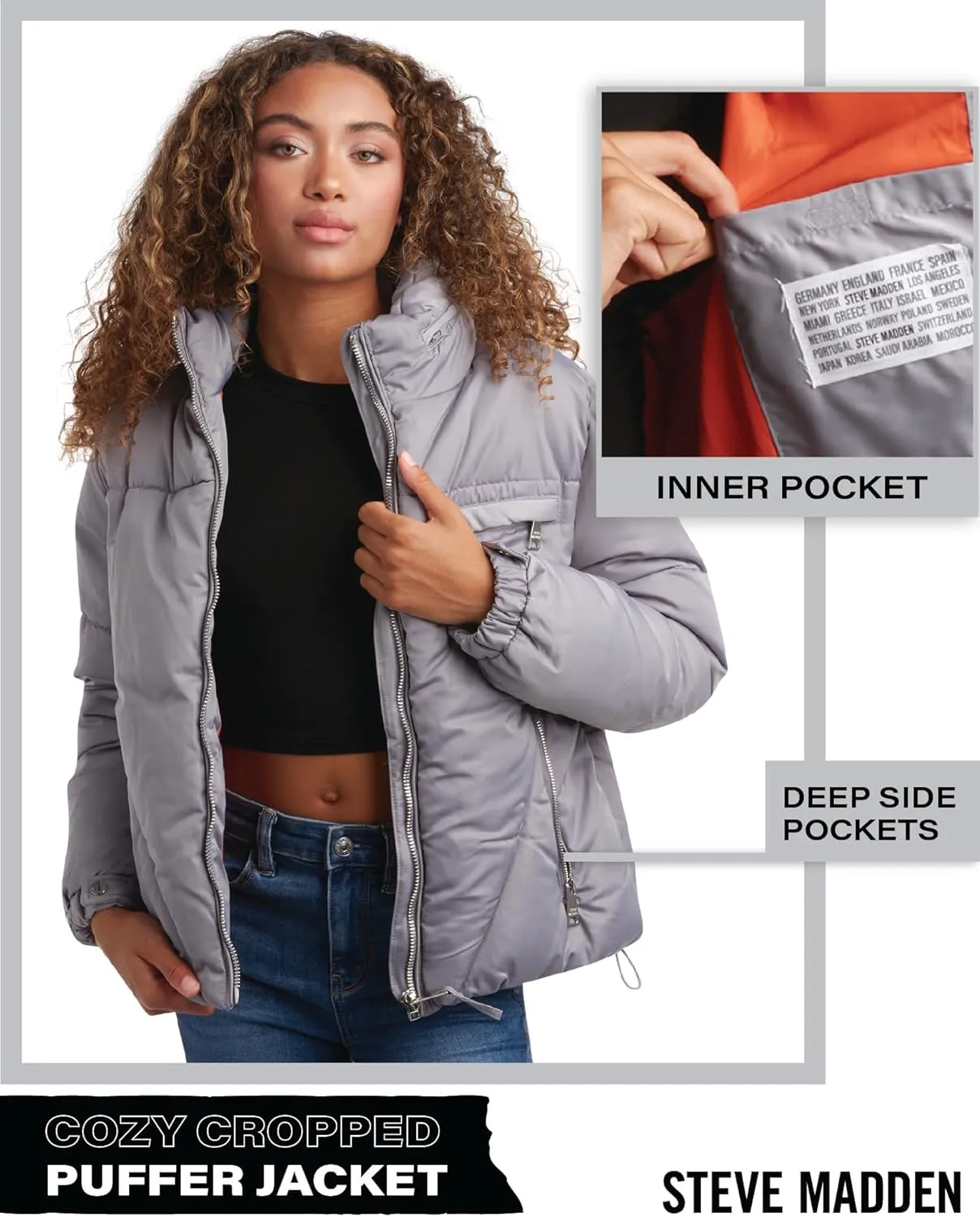Steve Madden Women's Cropped Puffer Jacket - Quilted Winter Coat with Packable Hood - Cozy Outerwear Jacket for Women (S-XL)
