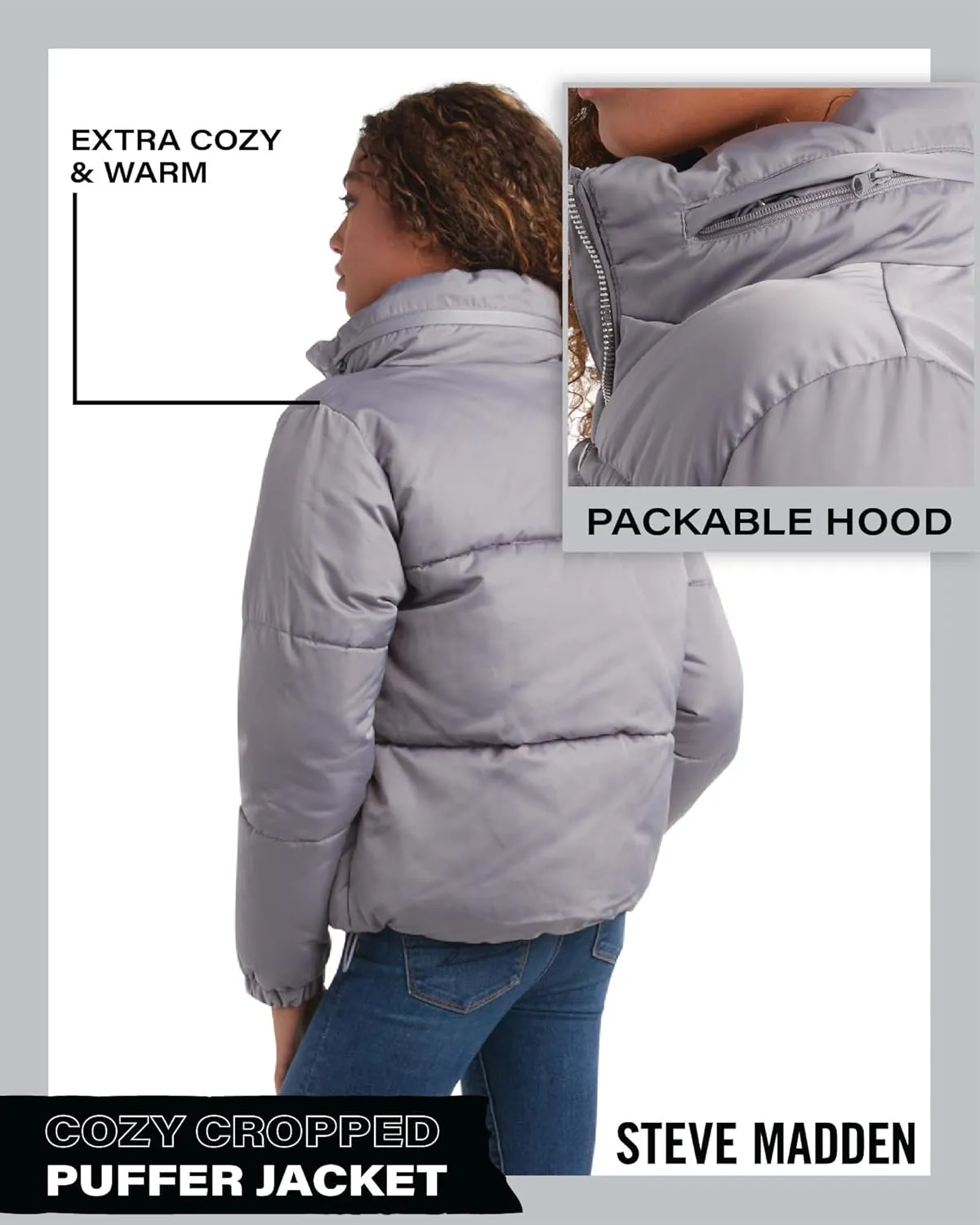 Steve Madden Women's Cropped Puffer Jacket - Quilted Winter Coat with Packable Hood - Cozy Outerwear Jacket for Women (S-XL)