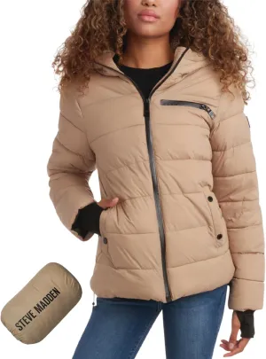 Steven Madden Women Winter Jacket - Packable Quilted Puffer Parka Coat - Hooded Outerwear Windbreaker Jacket for Women, S-XL