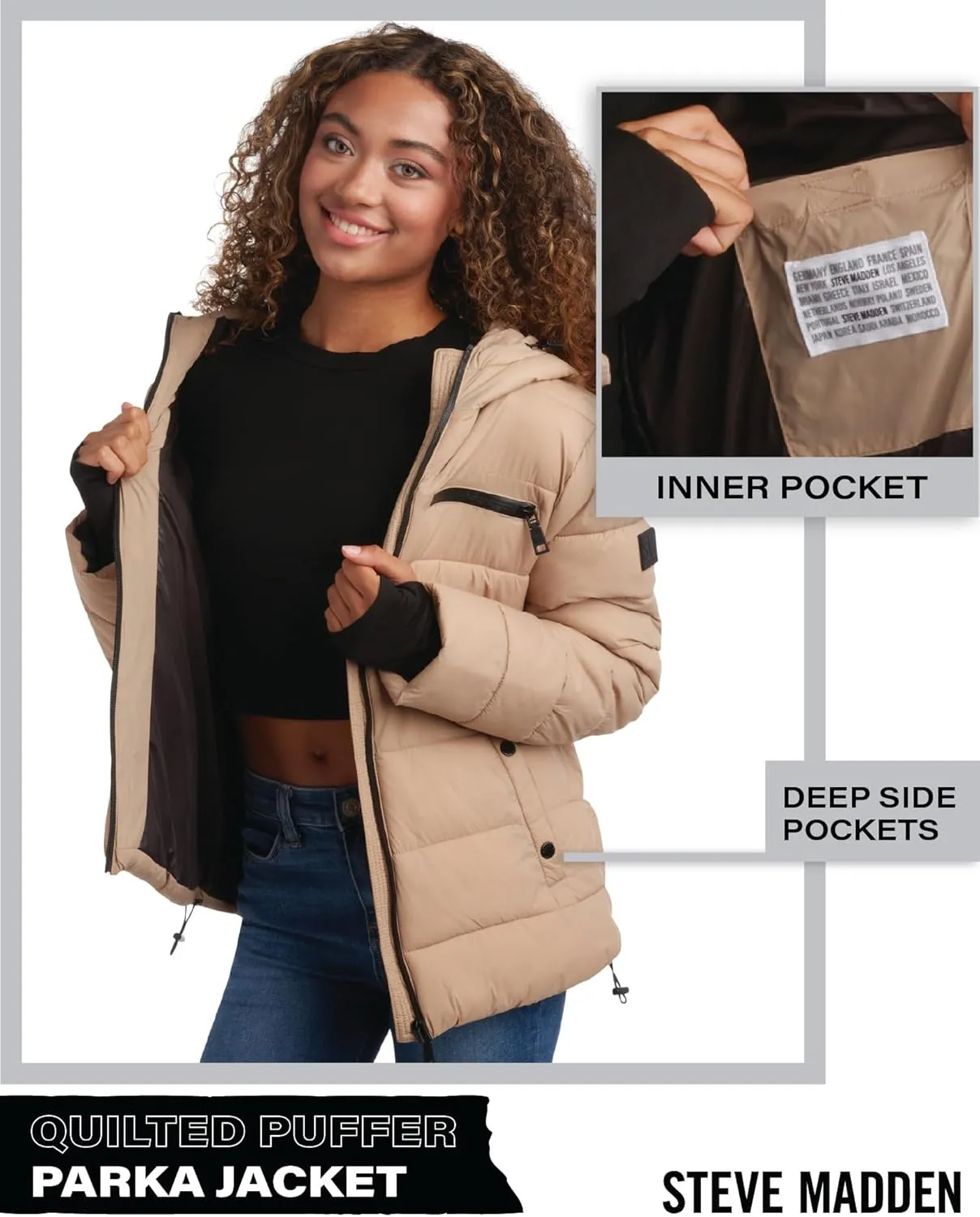 Steven Madden Women Winter Jacket - Packable Quilted Puffer Parka Coat - Hooded Outerwear Windbreaker Jacket for Women, S-XL