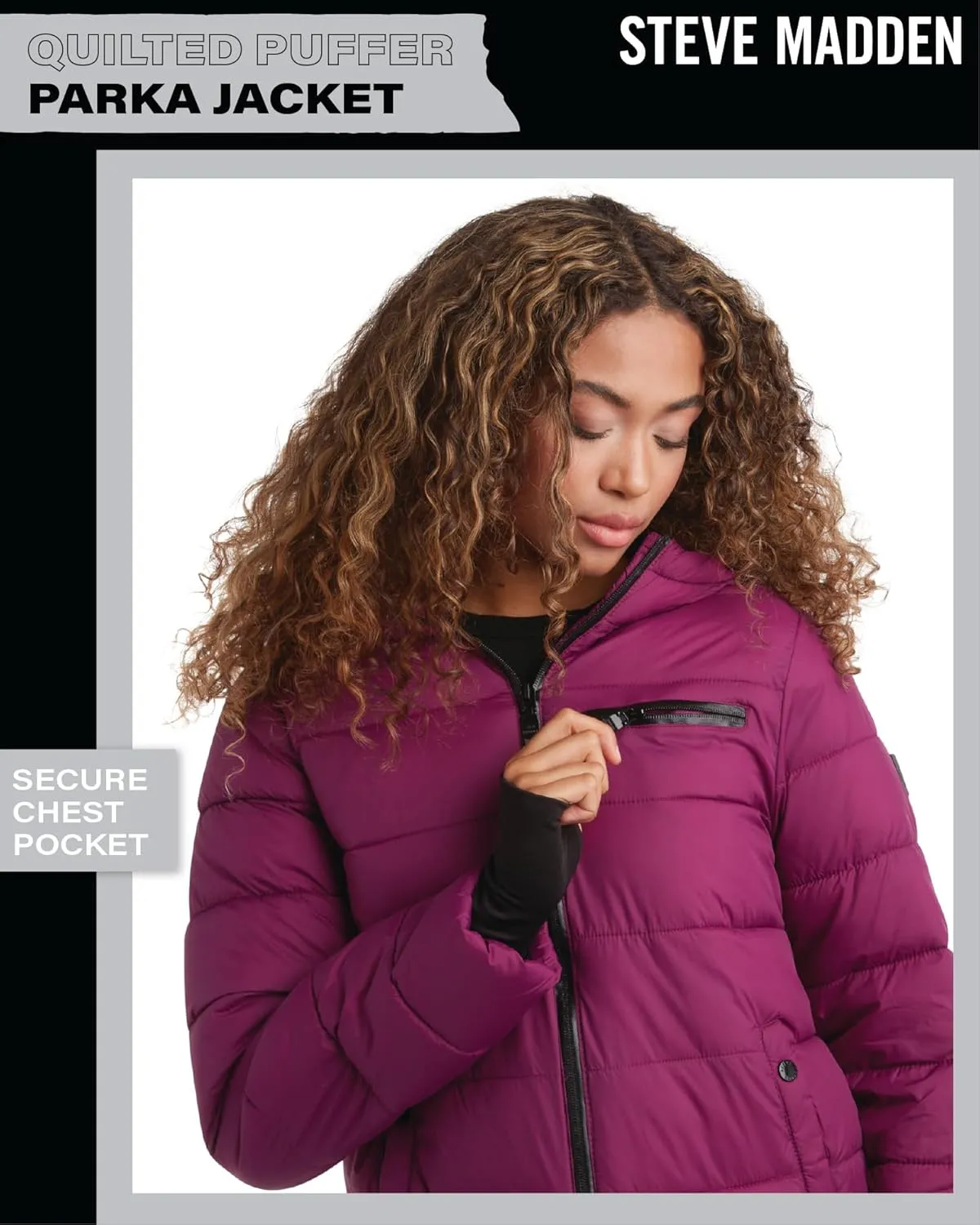Steven Madden Women Winter Jacket - Packable Quilted Puffer Parka Coat - Hooded Outerwear Windbreaker Jacket for Women, S-XL