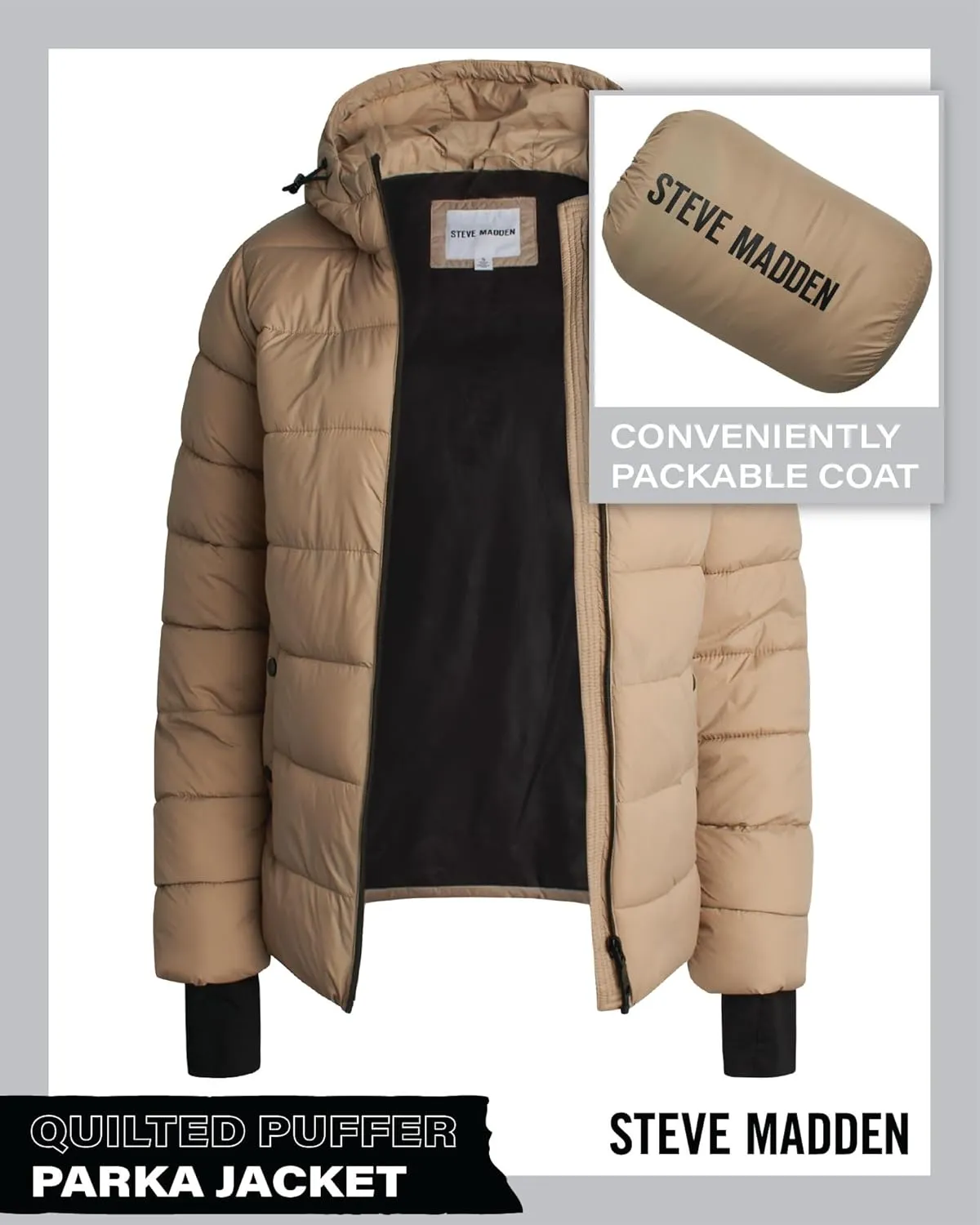 Steven Madden Women Winter Jacket - Packable Quilted Puffer Parka Coat - Hooded Outerwear Windbreaker Jacket for Women, S-XL