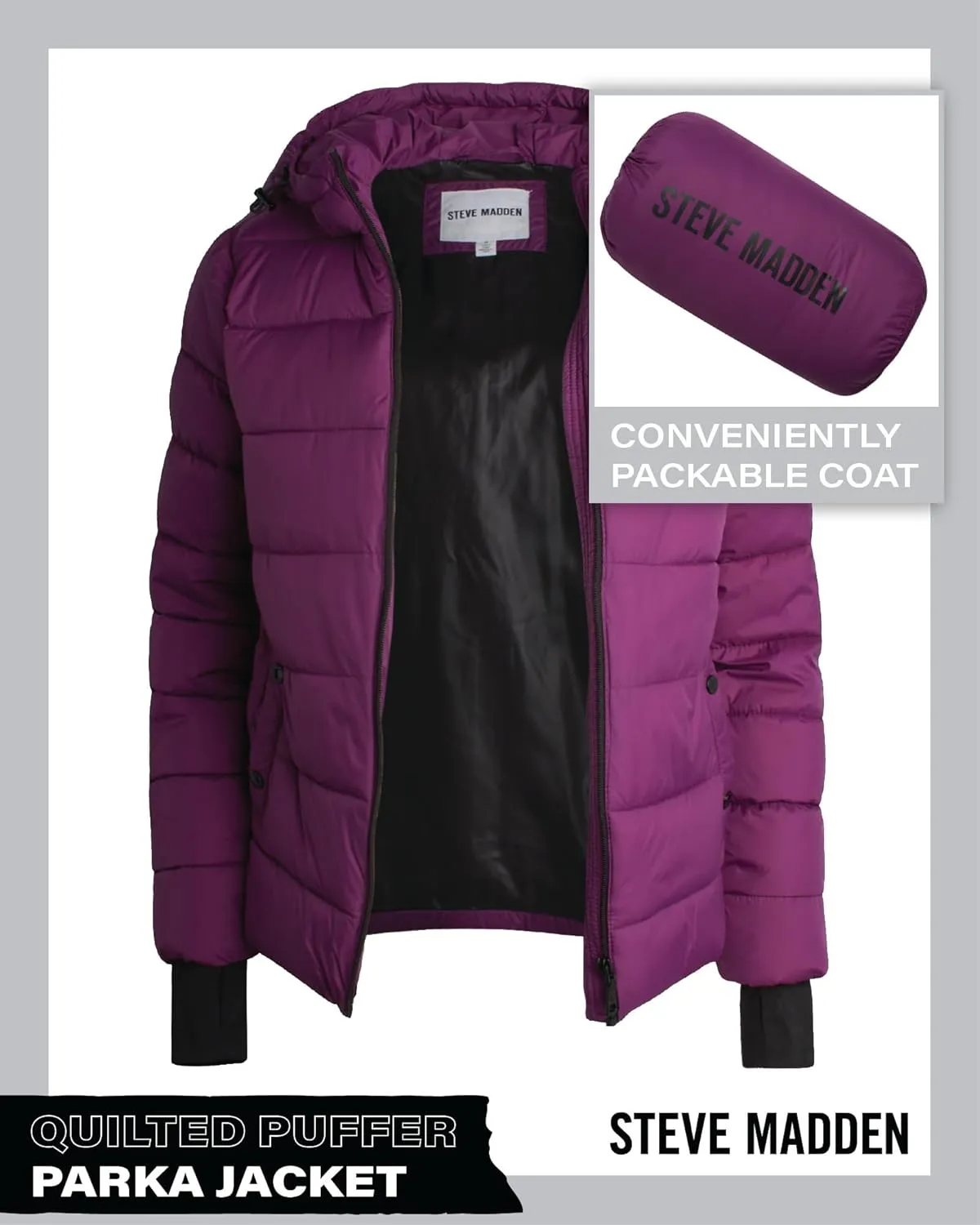 Steven Madden Women Winter Jacket - Packable Quilted Puffer Parka Coat - Hooded Outerwear Windbreaker Jacket for Women, S-XL