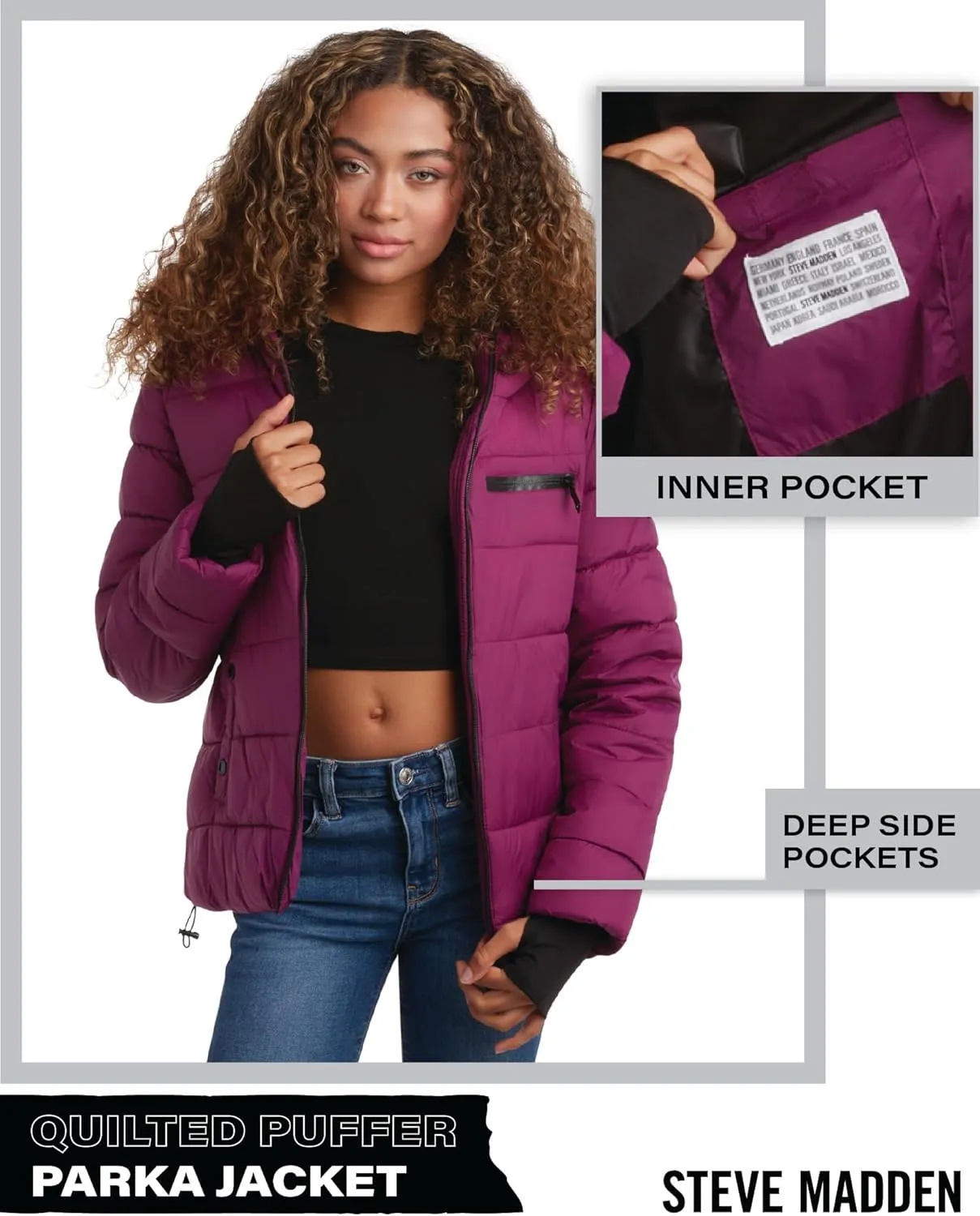 Steven Madden Women Winter Jacket - Packable Quilted Puffer Parka Coat - Hooded Outerwear Windbreaker Jacket for Women, S-XL