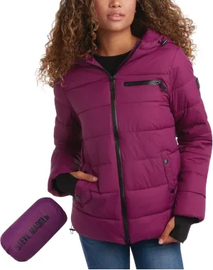 Steven Madden Women Winter Jacket - Packable Quilted Puffer Parka Coat - Hooded Outerwear Windbreaker Jacket for Women, S-XL