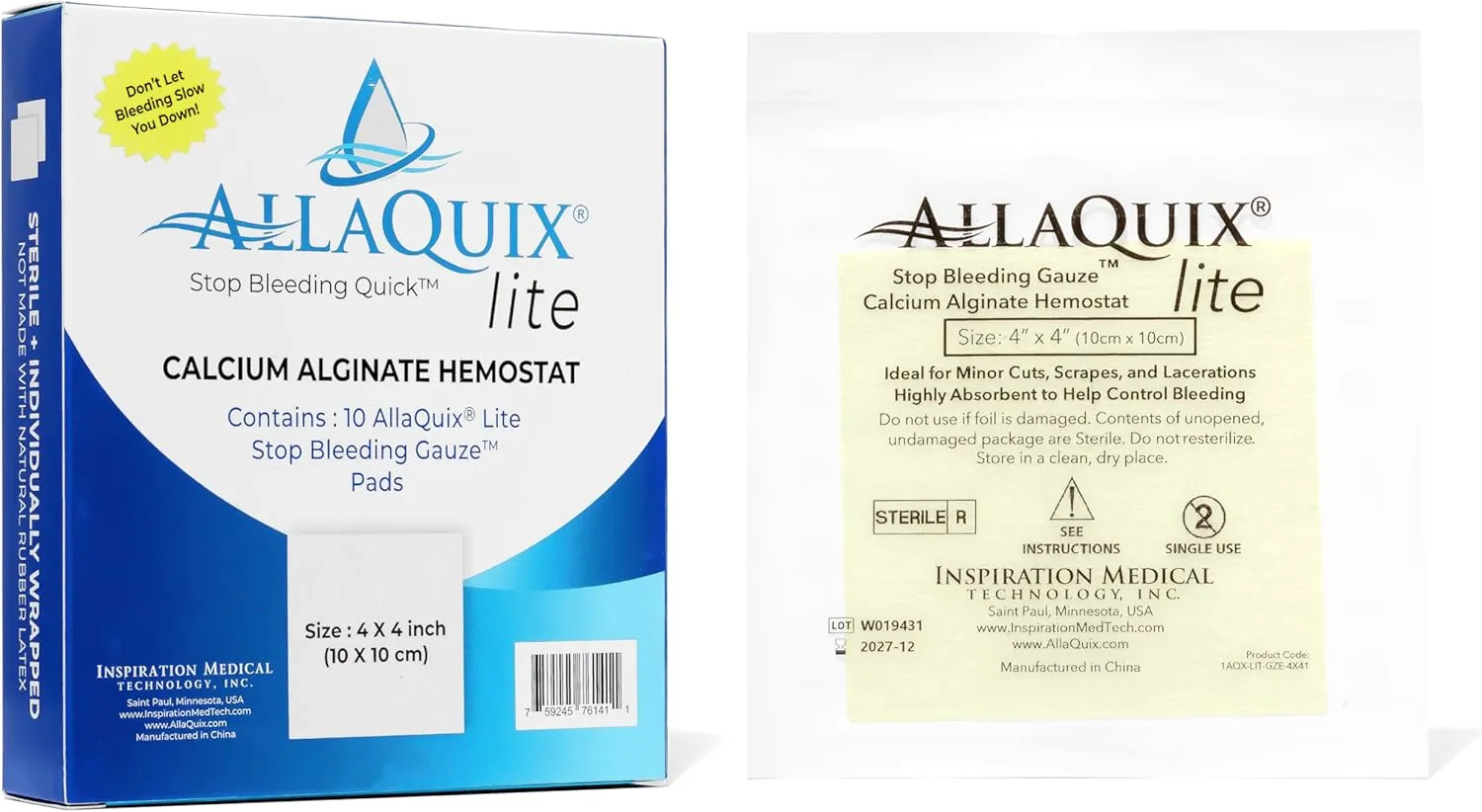 Stop Bleeding Fast – AllaQuix Lite Hemostatic Gauze Pads 4" x 4" – Calcium Alginate Wound Dressing – Sterile, High Absorbency, Non-Adherent – First Aid for Bleeding Control – 10 Count