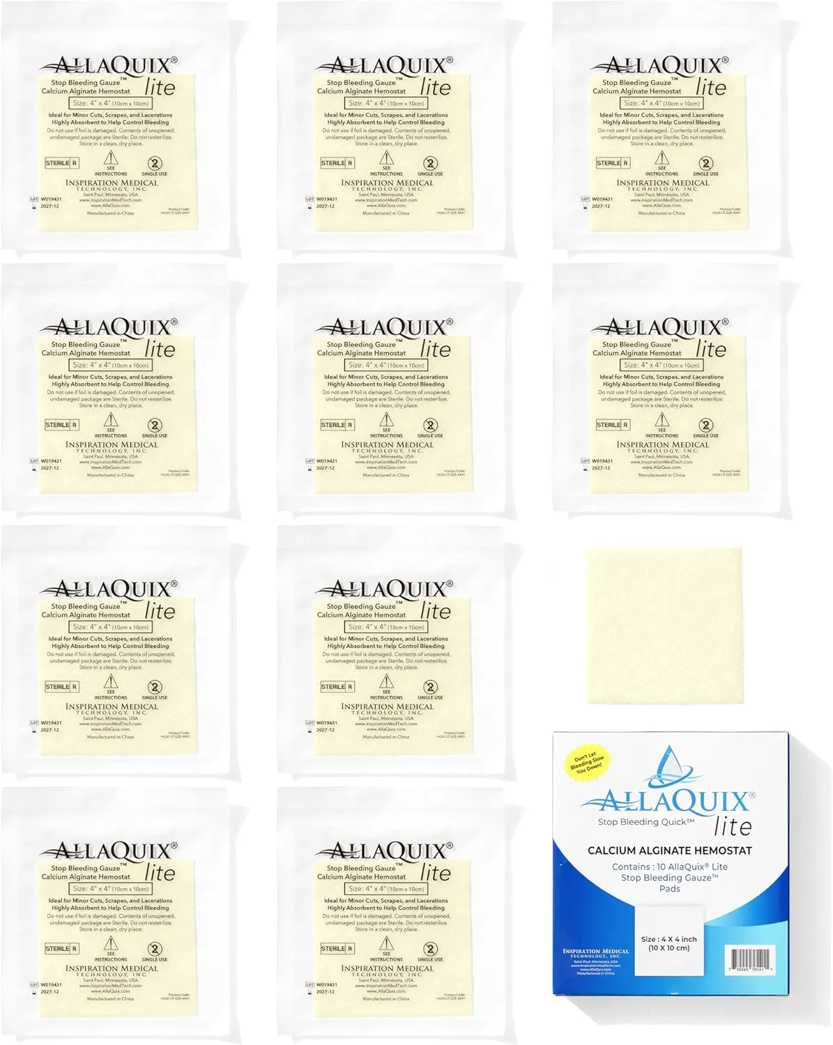 Stop Bleeding Fast – AllaQuix Lite Hemostatic Gauze Pads 4" x 4" – Calcium Alginate Wound Dressing – Sterile, High Absorbency, Non-Adherent – First Aid for Bleeding Control – 10 Count