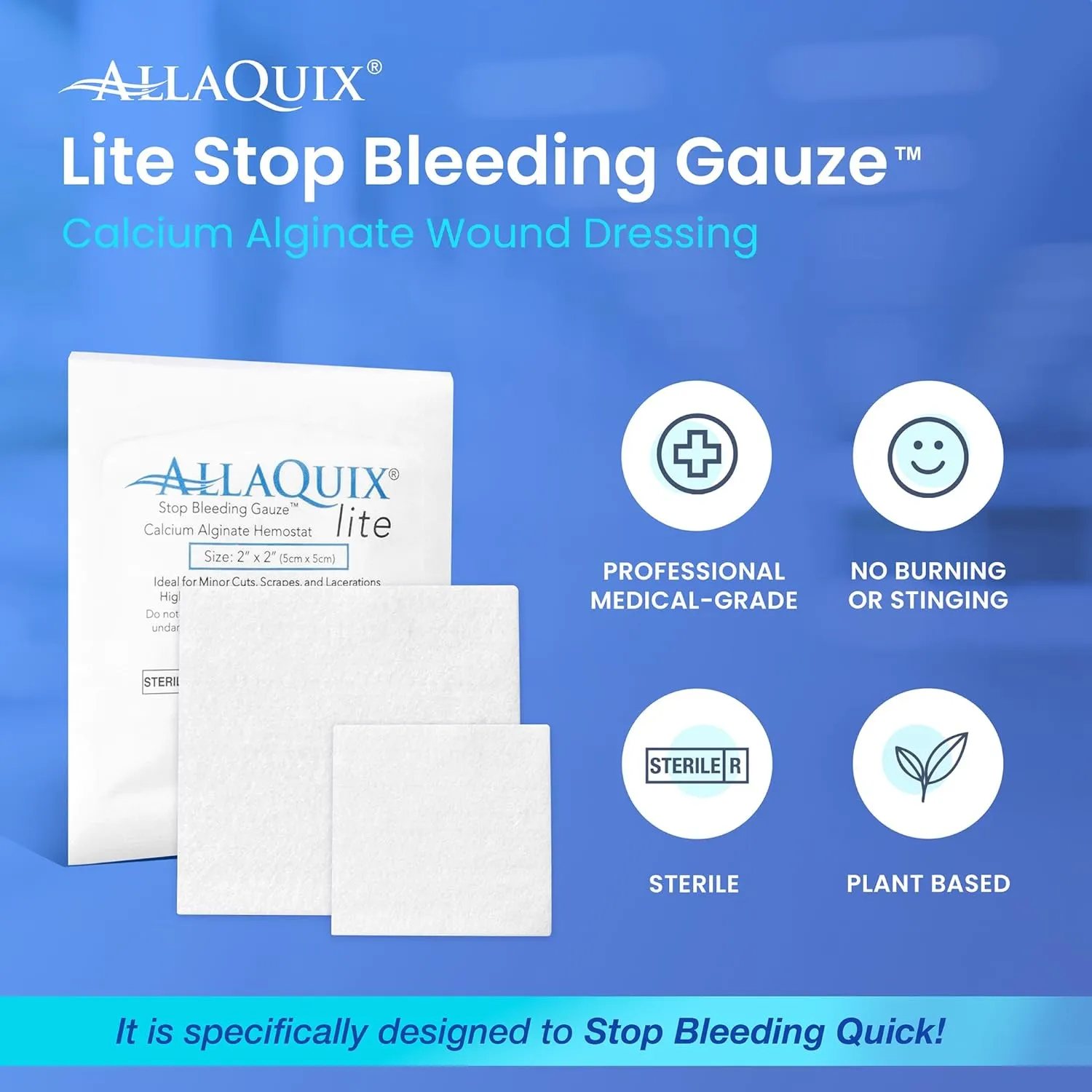 Stop Bleeding Fast – AllaQuix Lite Hemostatic Gauze Pads 4" x 4" – Calcium Alginate Wound Dressing – Sterile, High Absorbency, Non-Adherent – First Aid for Bleeding Control – 10 Count