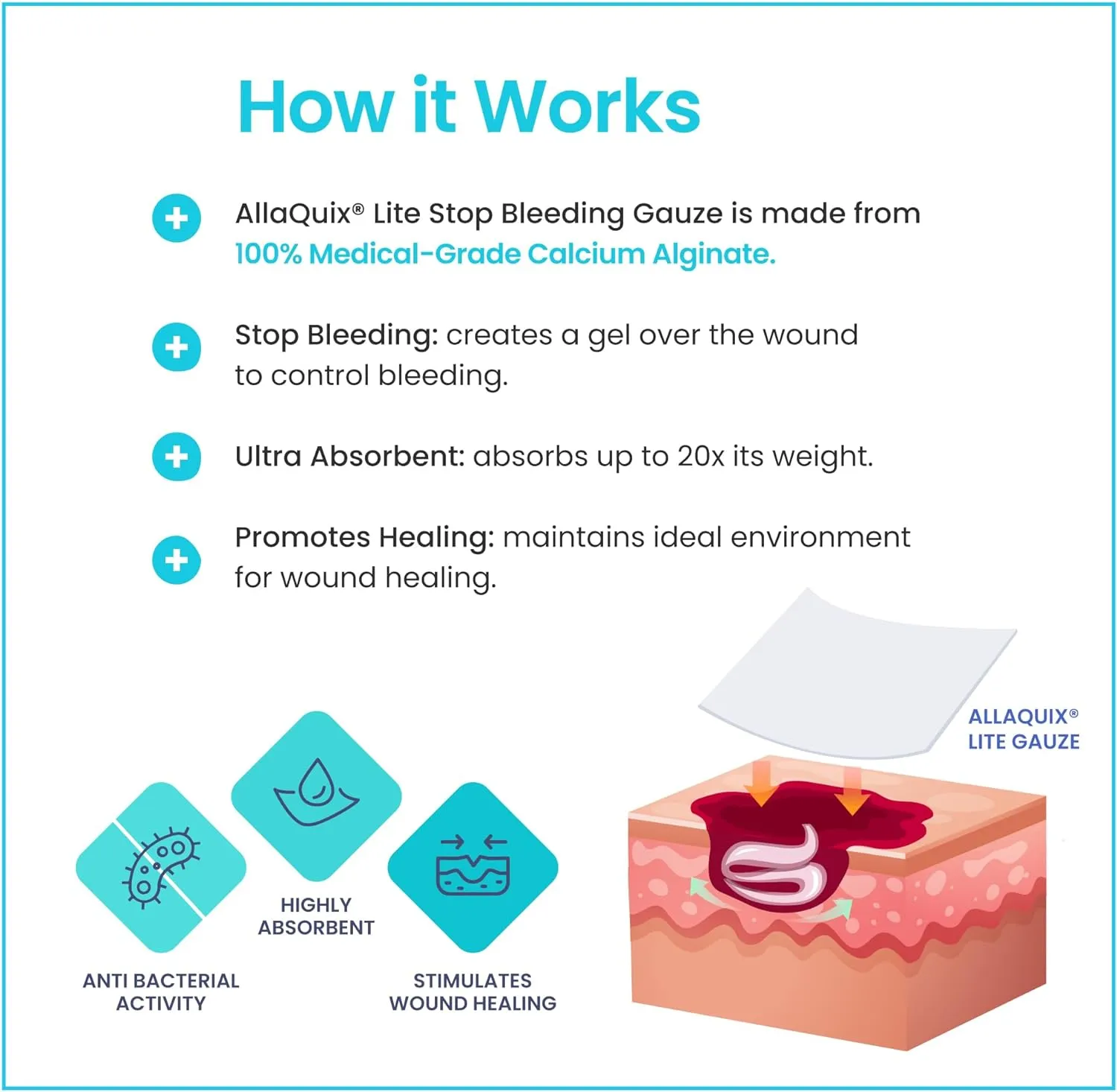 Stop Bleeding Fast – AllaQuix Lite Hemostatic Gauze Pads 4" x 4" – Calcium Alginate Wound Dressing – Sterile, High Absorbency, Non-Adherent – First Aid for Bleeding Control – 10 Count