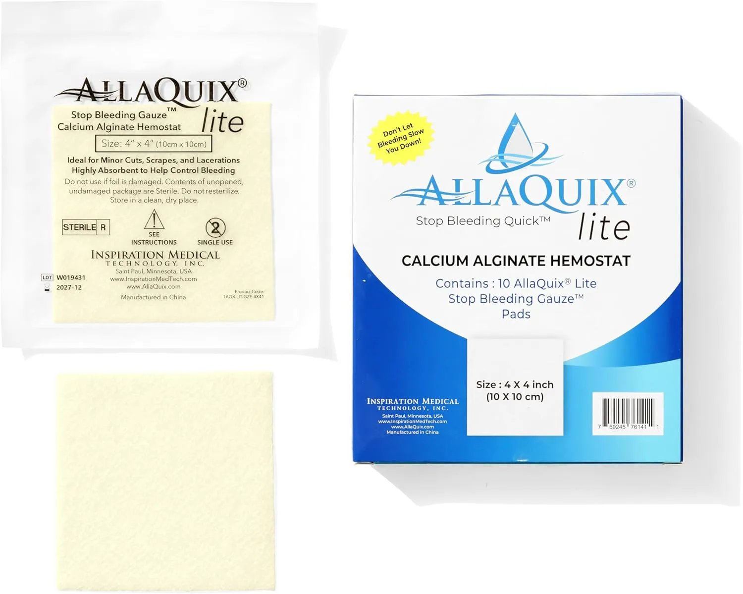Stop Bleeding Fast – AllaQuix Lite Hemostatic Gauze Pads 4" x 4" – Calcium Alginate Wound Dressing – Sterile, High Absorbency, Non-Adherent – First Aid for Bleeding Control – 10 Count