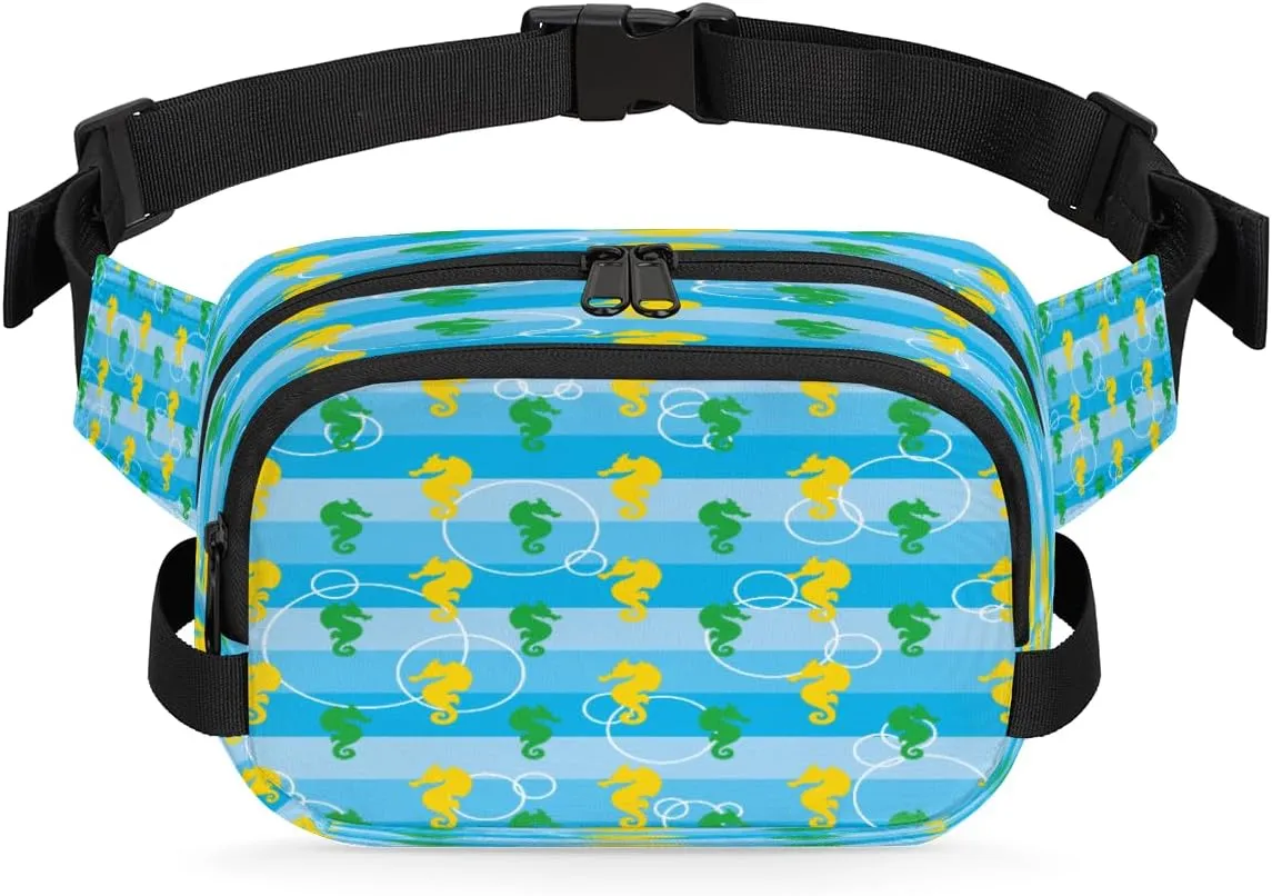 Striped Abstract Seahorse Silhouette Waterproof Fanny Pack for Women Men Adjustable Waist Bag with Double Zipper Pockets Lightweight Square Hip Pack for Running Travel Hiking Workout Cycling