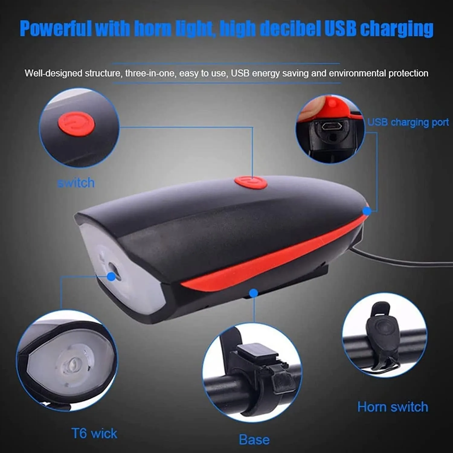 Strong Lights with Horns, Car Lights for Electric Wheelchairs, Wheelchair Night Flashlights, USB Rechargeable Lights 250 Lumens, Suitable for Wheelchairs, Bike (Color : Blue)