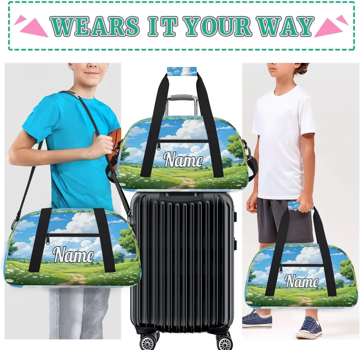 Summer Grass Land Custom Sports Gym Bag Personalized Dance Bag Teens Travel Weekender Overnight Carry On Bag Boys Girls Waterproof