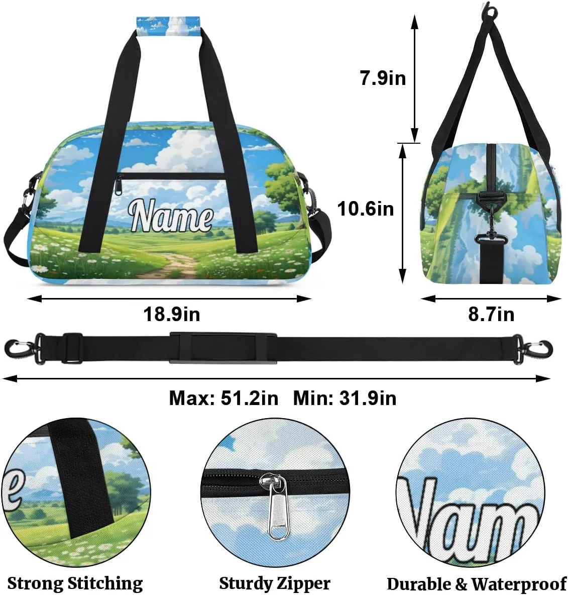 Summer Grass Land Custom Sports Gym Bag Personalized Dance Bag Teens Travel Weekender Overnight Carry On Bag Boys Girls Waterproof