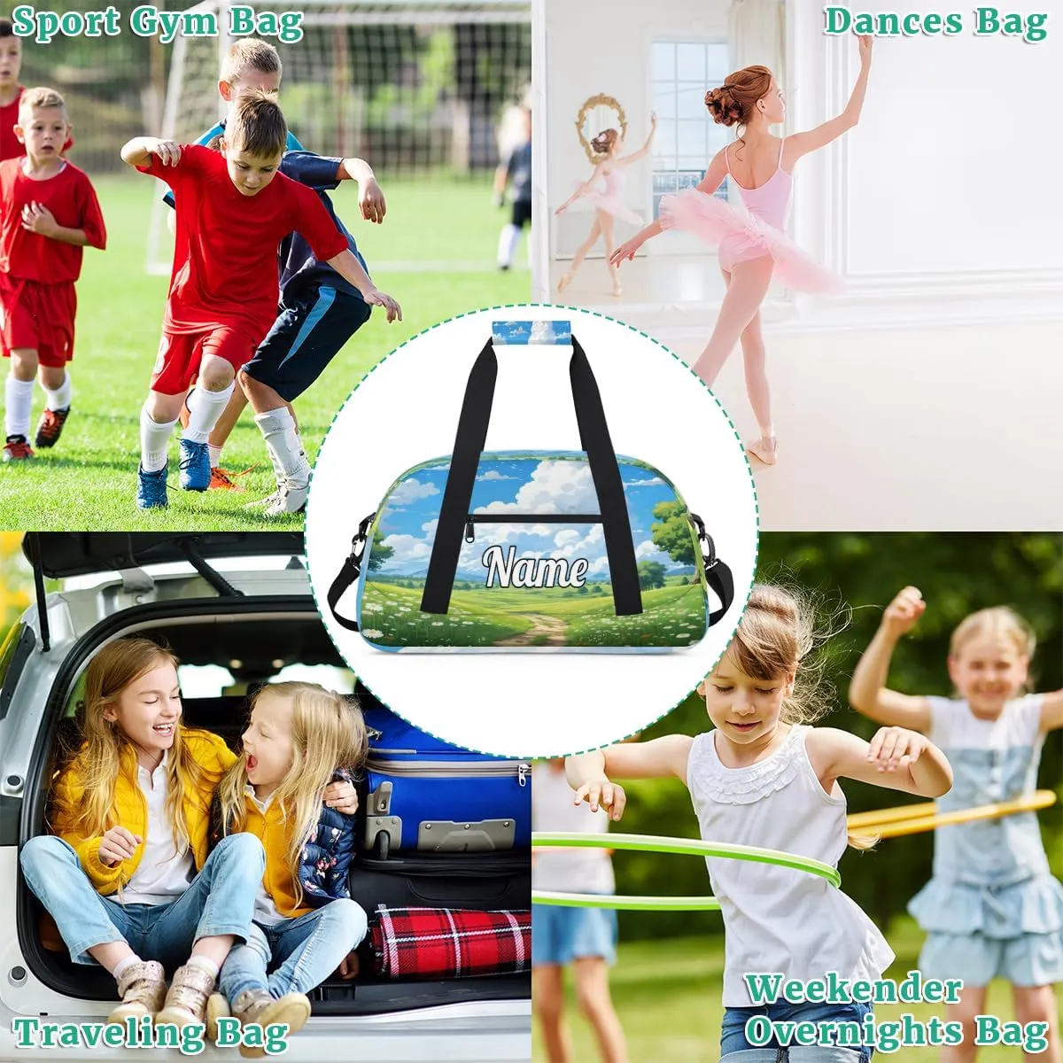 Summer Grass Land Custom Sports Gym Bag Personalized Dance Bag Teens Travel Weekender Overnight Carry On Bag Boys Girls Waterproof