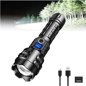 Super Bright High Powerful LED Flashlight,Zoomable Tactical Flashlights,USB Rechargeable Torch,Outdoor Waterproof Handheld Searchlight,5 Modes with Digital Display