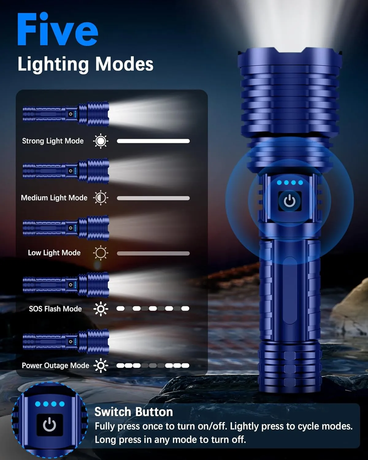 Super Bright Rechargeable LED Flashlights, 2500.000 True High Lumens, Powerful Tactical Flashlight Up to 25H Long Battery Life |Zoomable|5Light Modes|IP67 Water Resistant for Camping (Blue)