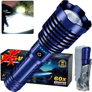 Super Bright Rechargeable LED Flashlights, 2500.000 True High Lumens, Powerful Tactical Flashlight Up to 25H Long Battery Life |Zoomable|5Light Modes|IP67 Water Resistant for Camping (Blue)