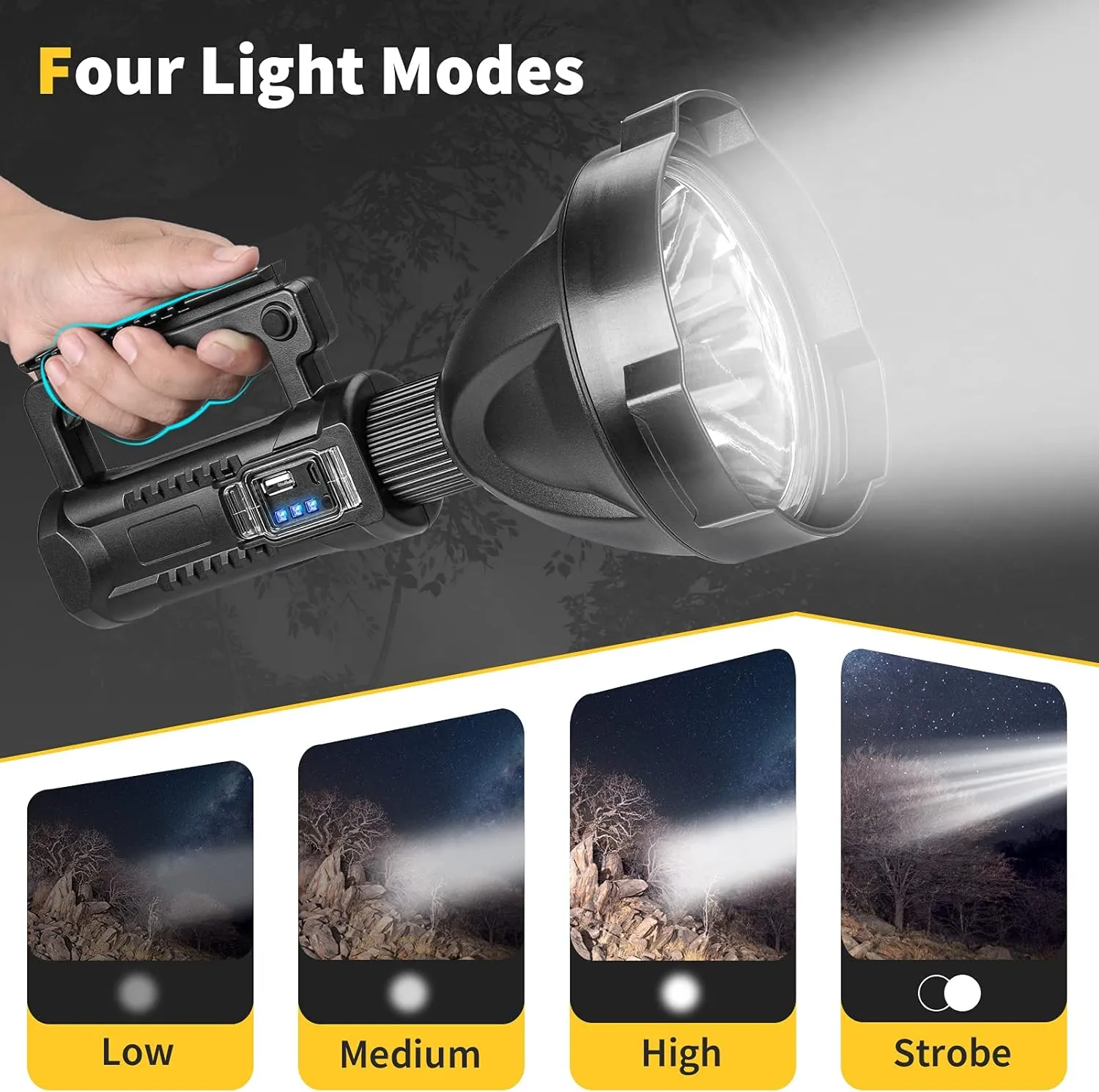 Super Bright Rechargeable LED Spotlight,Handheld Tactical Flashlight 4 Modes High Power Portable Waterproof Searchlight for Outdoor Tripod, Adpater and USB Cable Included