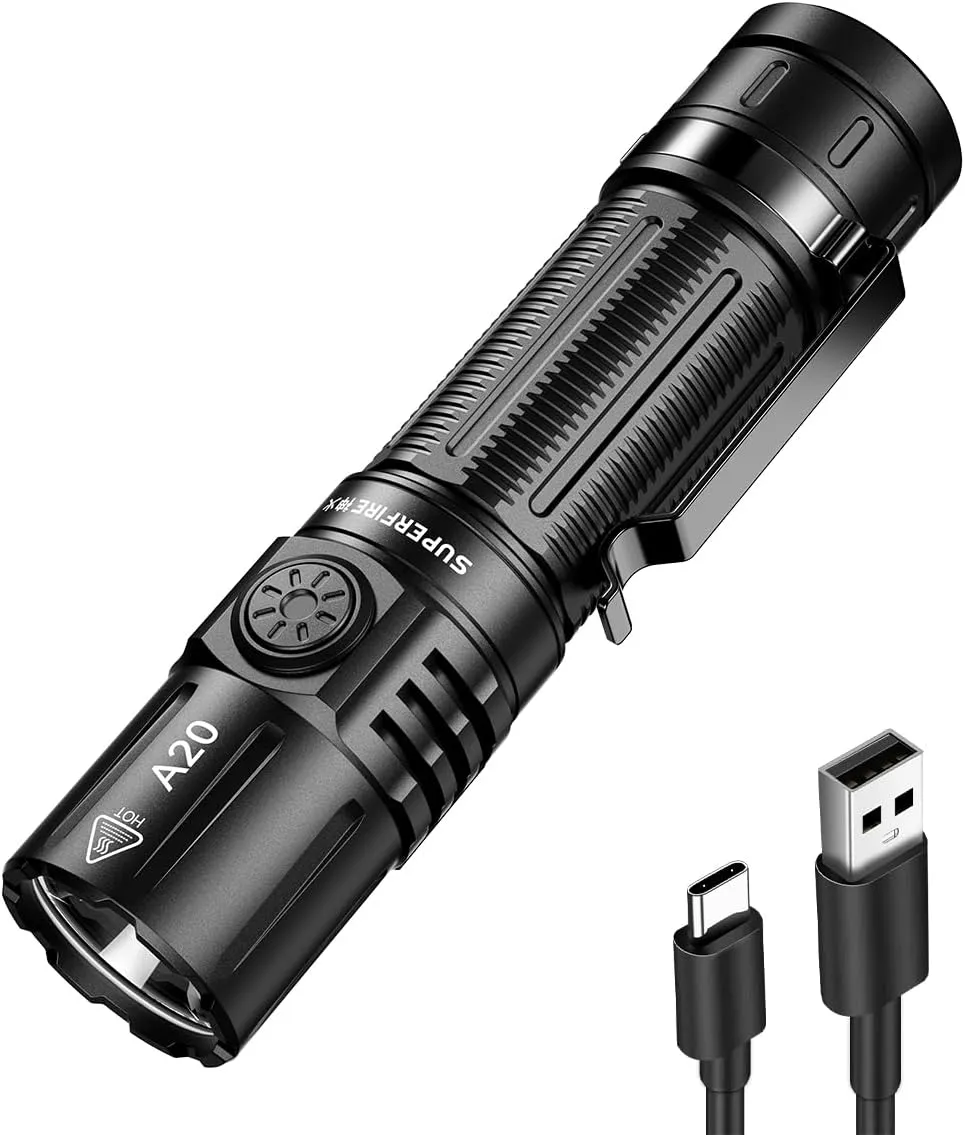 SuperFire Flashlights High Lumens Rechargeable, 2000 Lumens EDC Flashlight with Clip & Lanyard, 6 Modes, IP 44 Waterproof Powerful Flashlight for Home, Camping, Hiking, Emergency, Power Outage