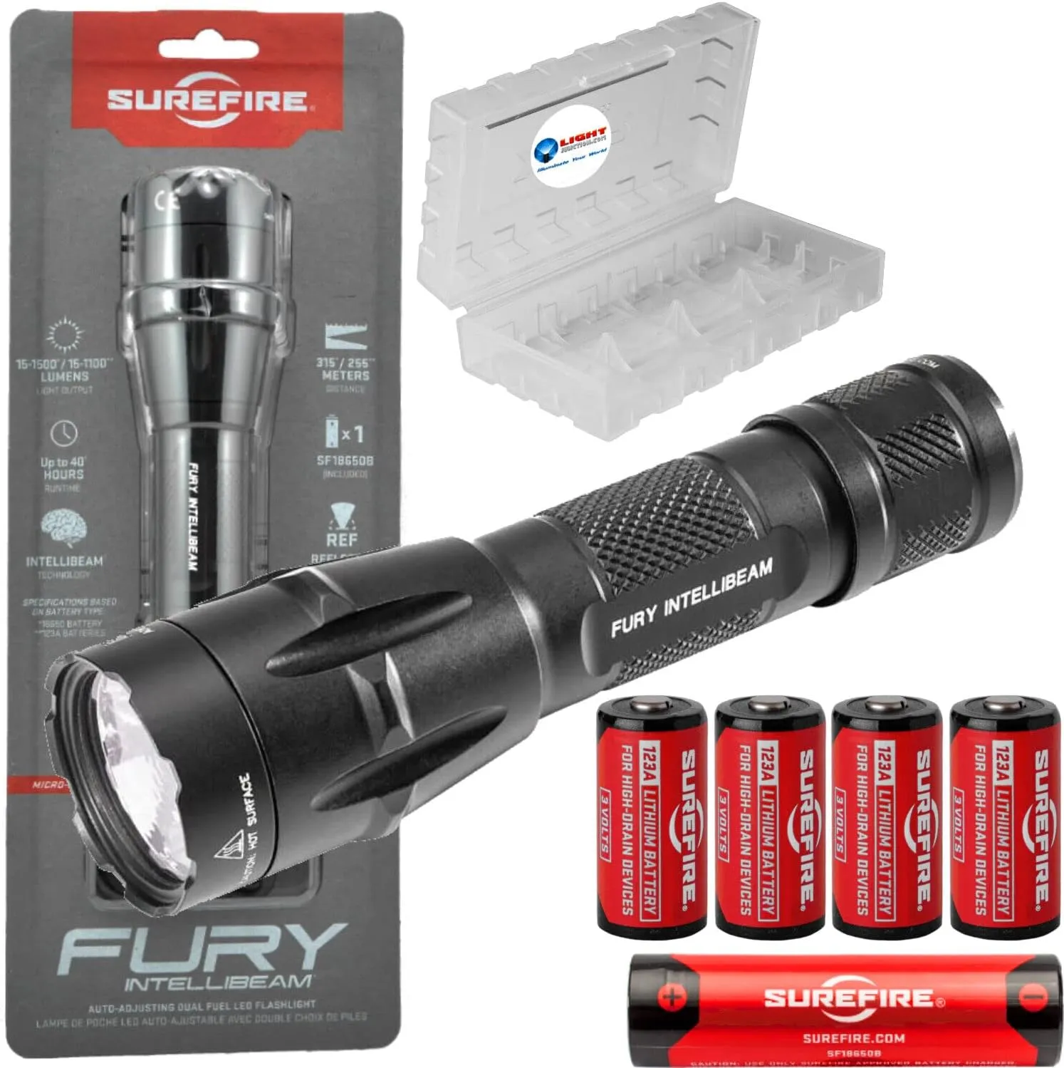 Sure Fire Fury Intellibeam 1500 Lumen Tactical Flashlight (Fury-IB-DF) Bundle with 4 Extra 123A Batteries and Lightjunction Battery Case